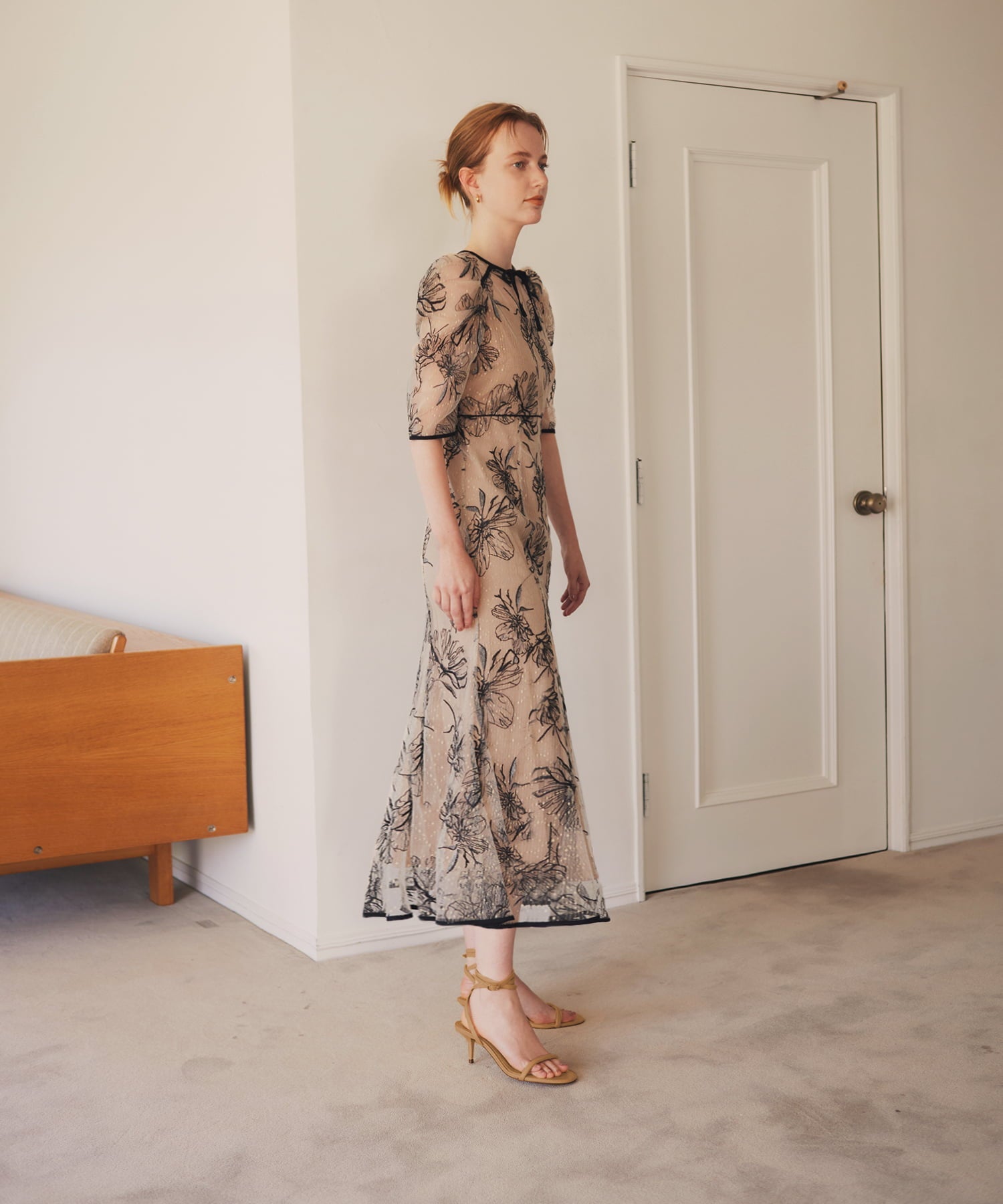 【当日発送】花柄リボンパフスリーブマーメイドワンピースドレス