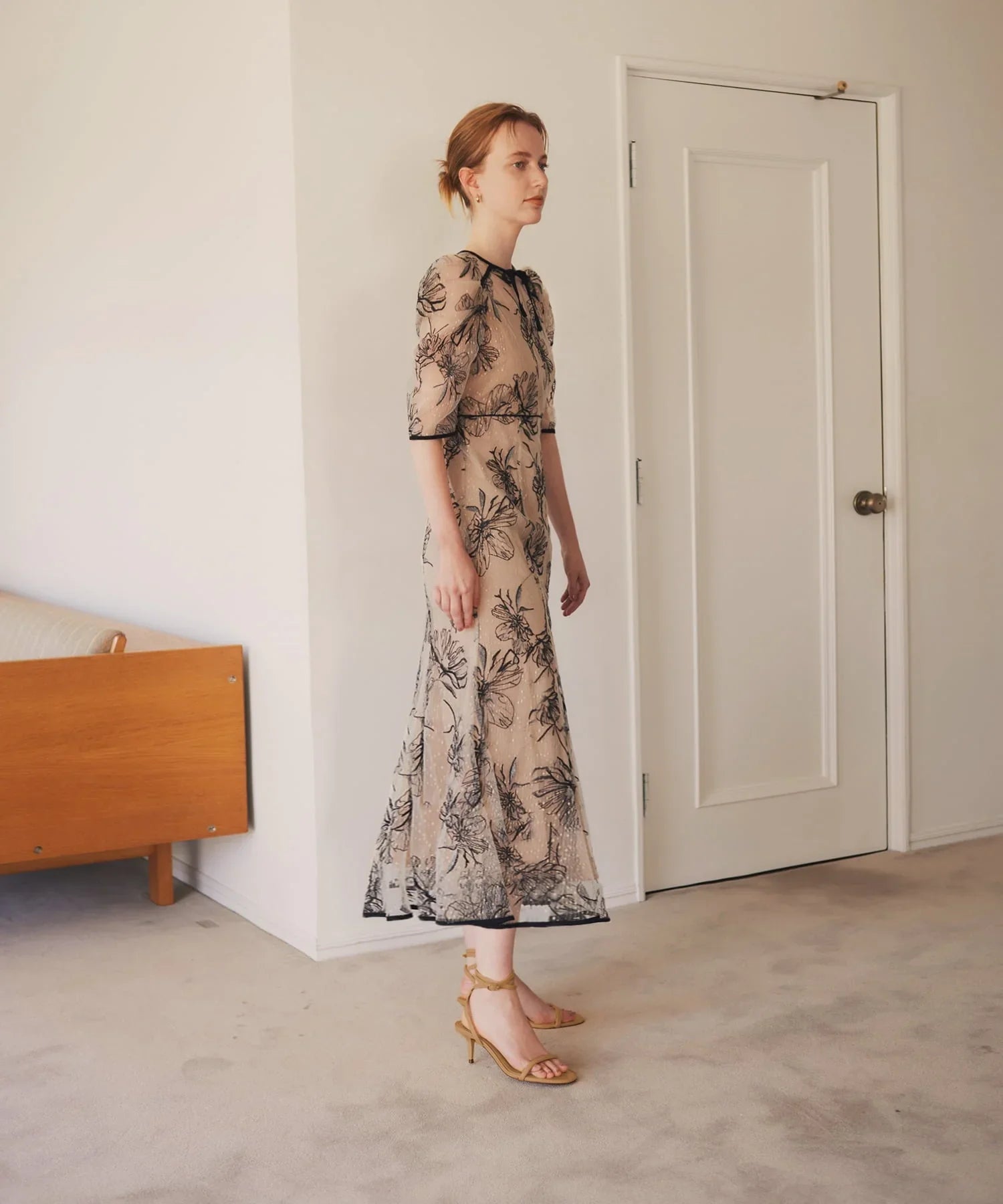 【當天出貨】碎花緞帶泡泡袖魚尾裙