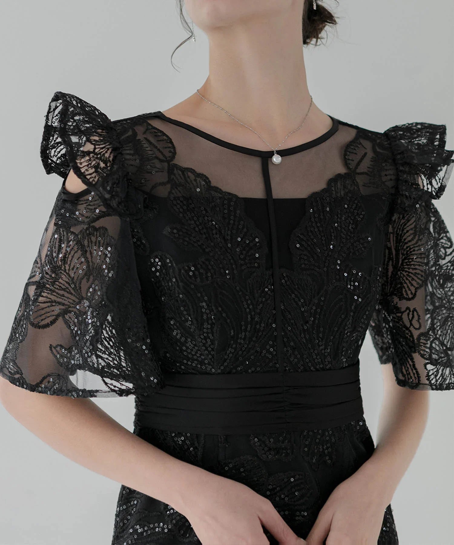 【当日発送】フラワーレースシアーフリルマーメイドワンピースドレス