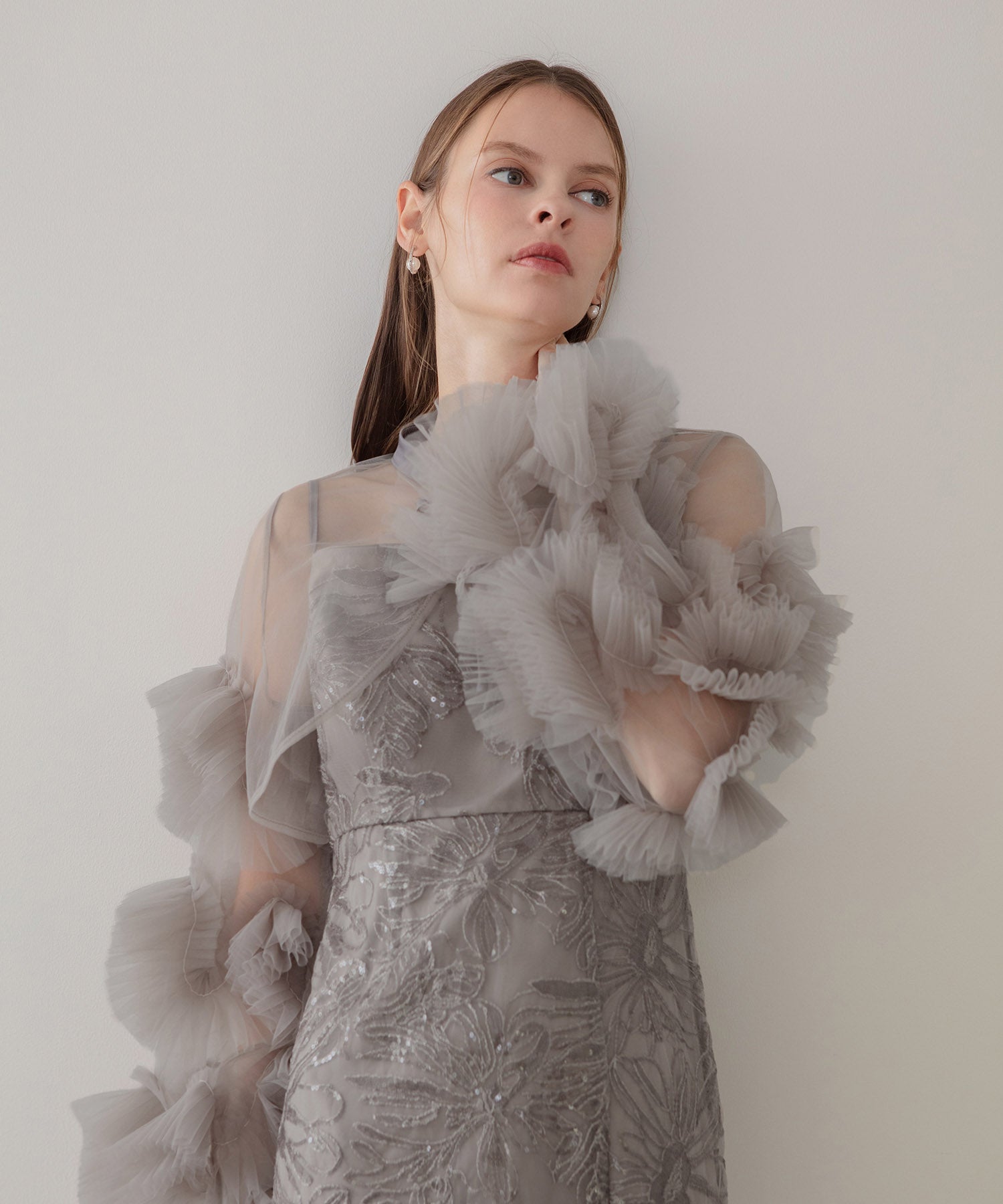 【一部当日発送】フリルチュールスリーブリボンIラインワンピースドレス