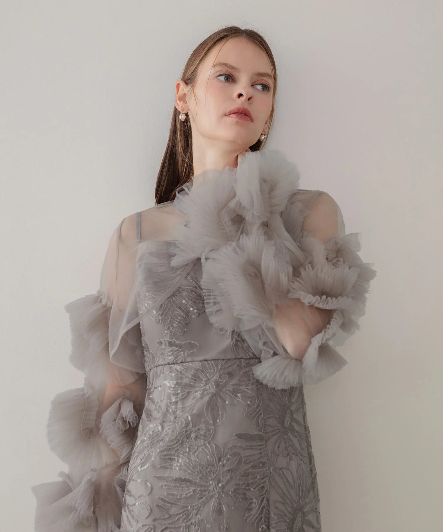 【一部当日発送】フリルチュールスリーブリボンIラインワンピースドレス