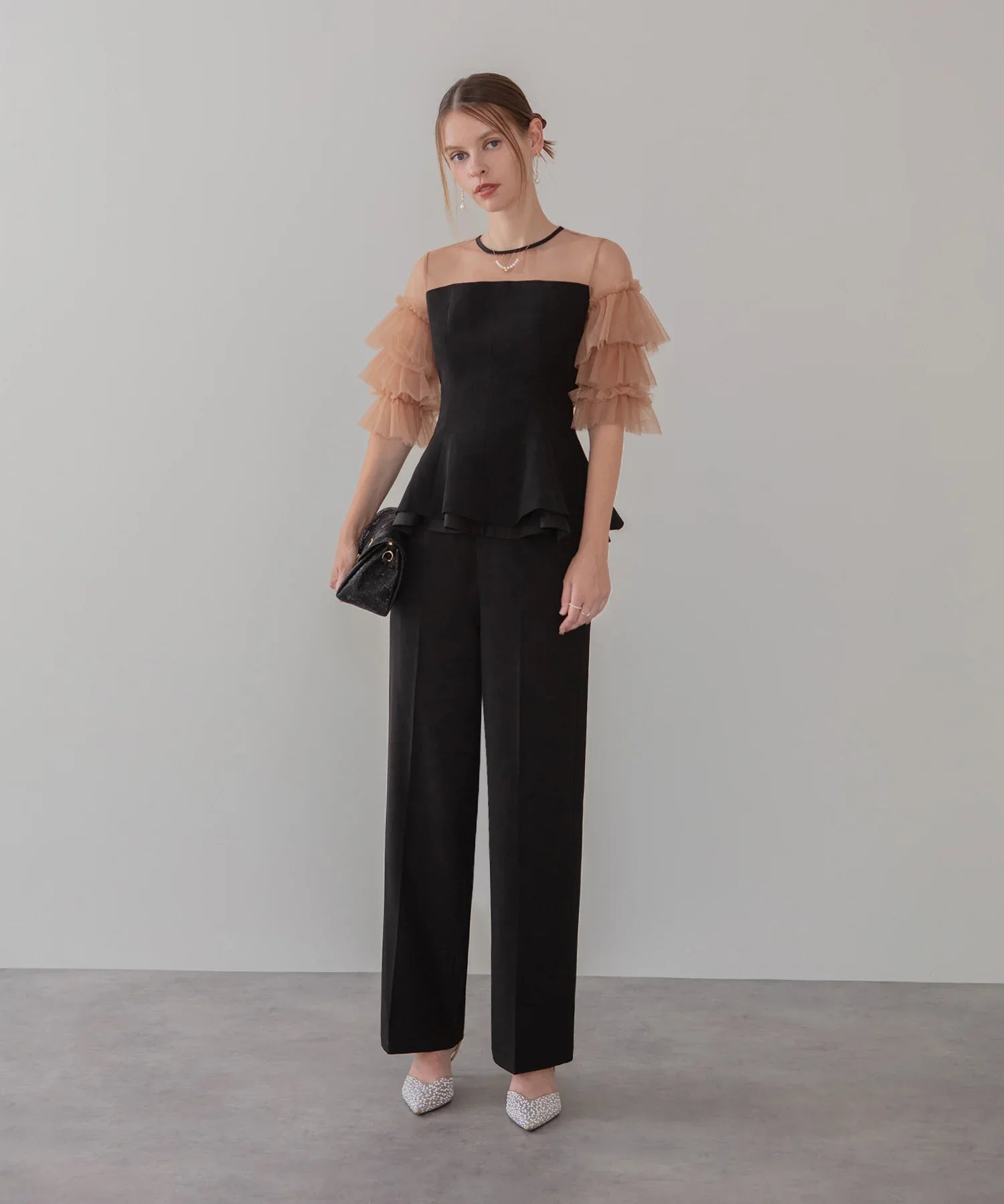 【当日発送】チュールスリーブペプラムセットアップパンツドレス