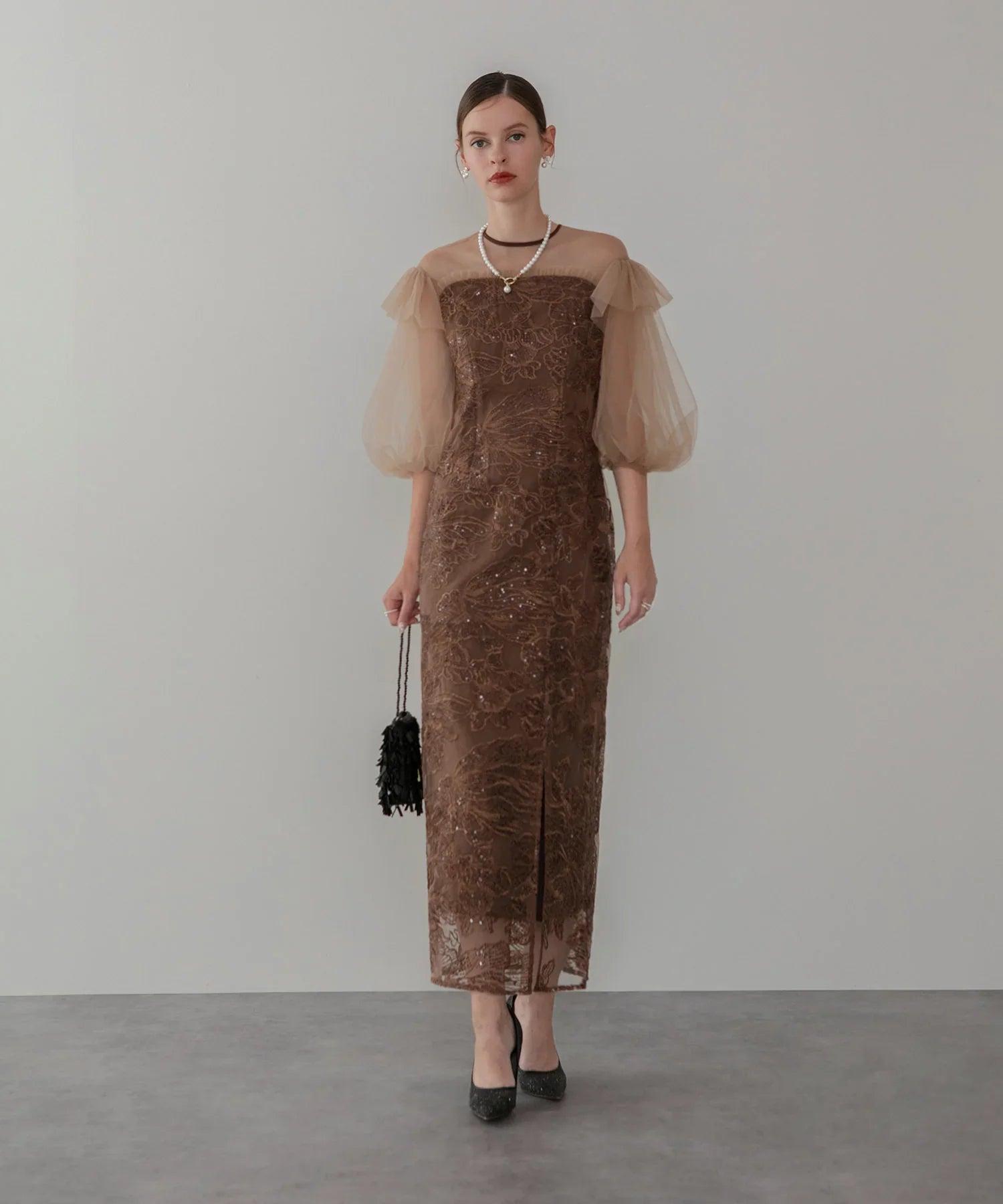 【一部当日発送】フラワースパンコールシアーフリルスリーブIラインワンピースドレス