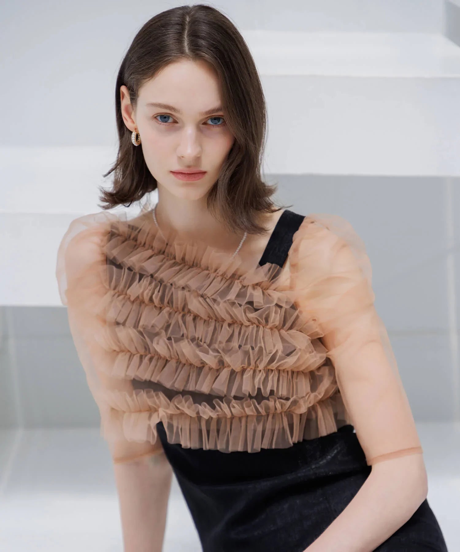 【SOLD OUT】チュールアシンメトリーティアードフリルIラインワンピースドレス