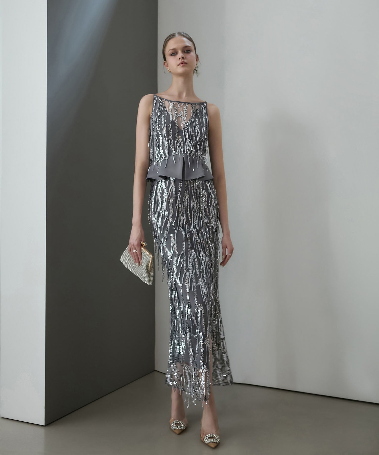 【LEJA LUXE】シルバーフリンジスパンコールペプラムマーメイドドレス