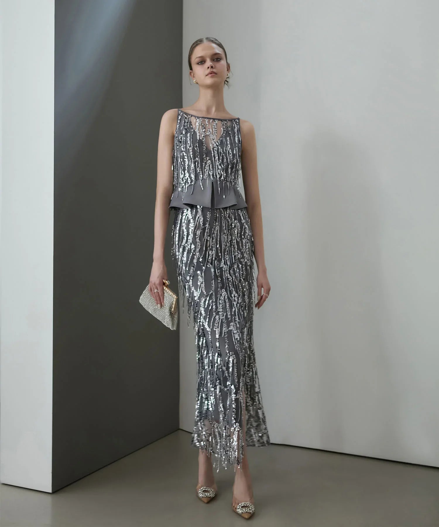 【LEJA LUXE】シルバーフリンジスパンコールペプラムマーメイドドレス
