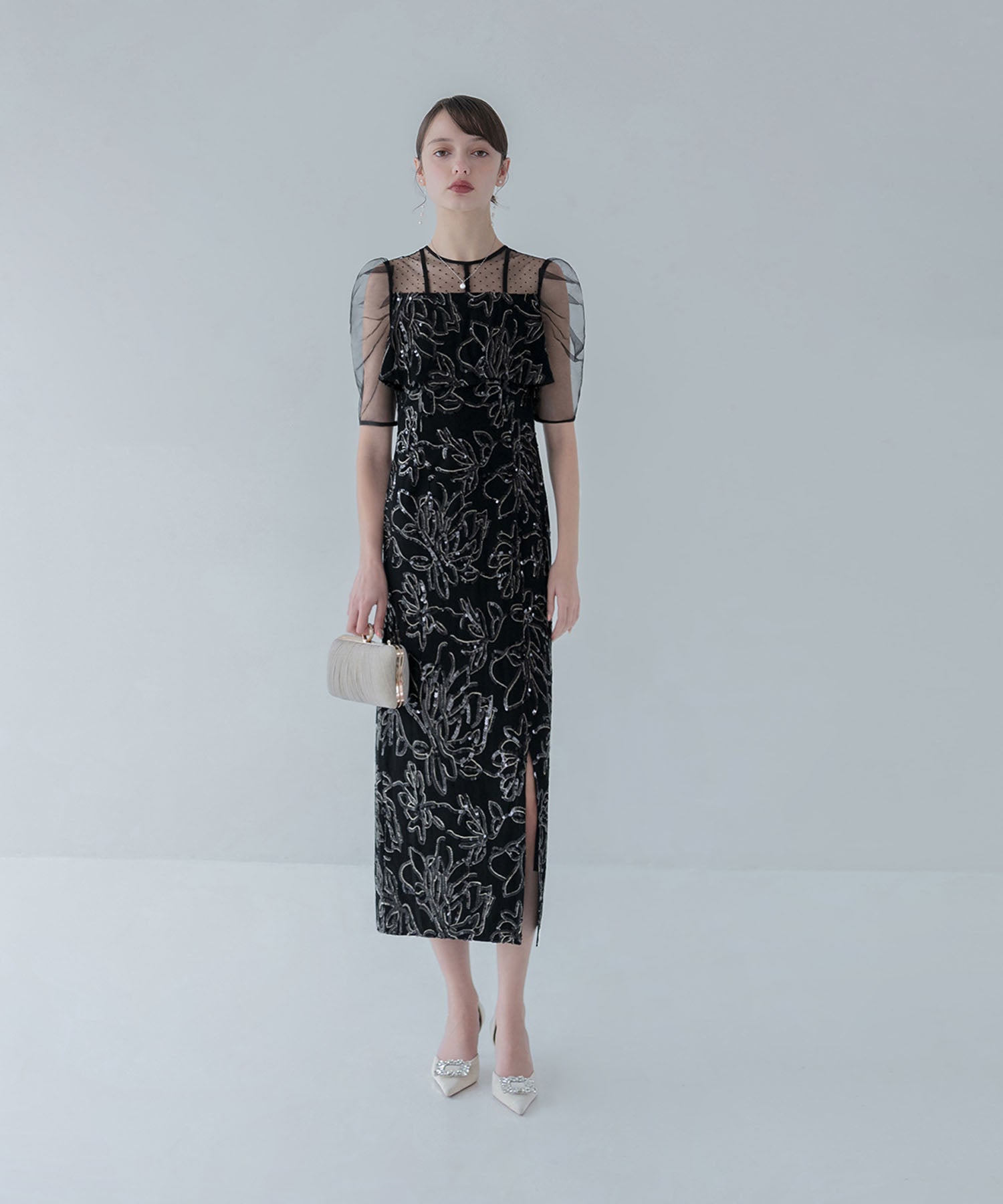 【当日発送】ドットチュールフラワースパンコールIラインワンピースドレス