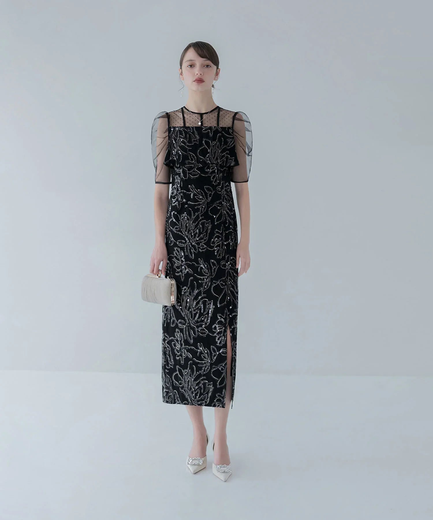 【当日発送】ドットチュールフラワースパンコールIラインワンピースドレス