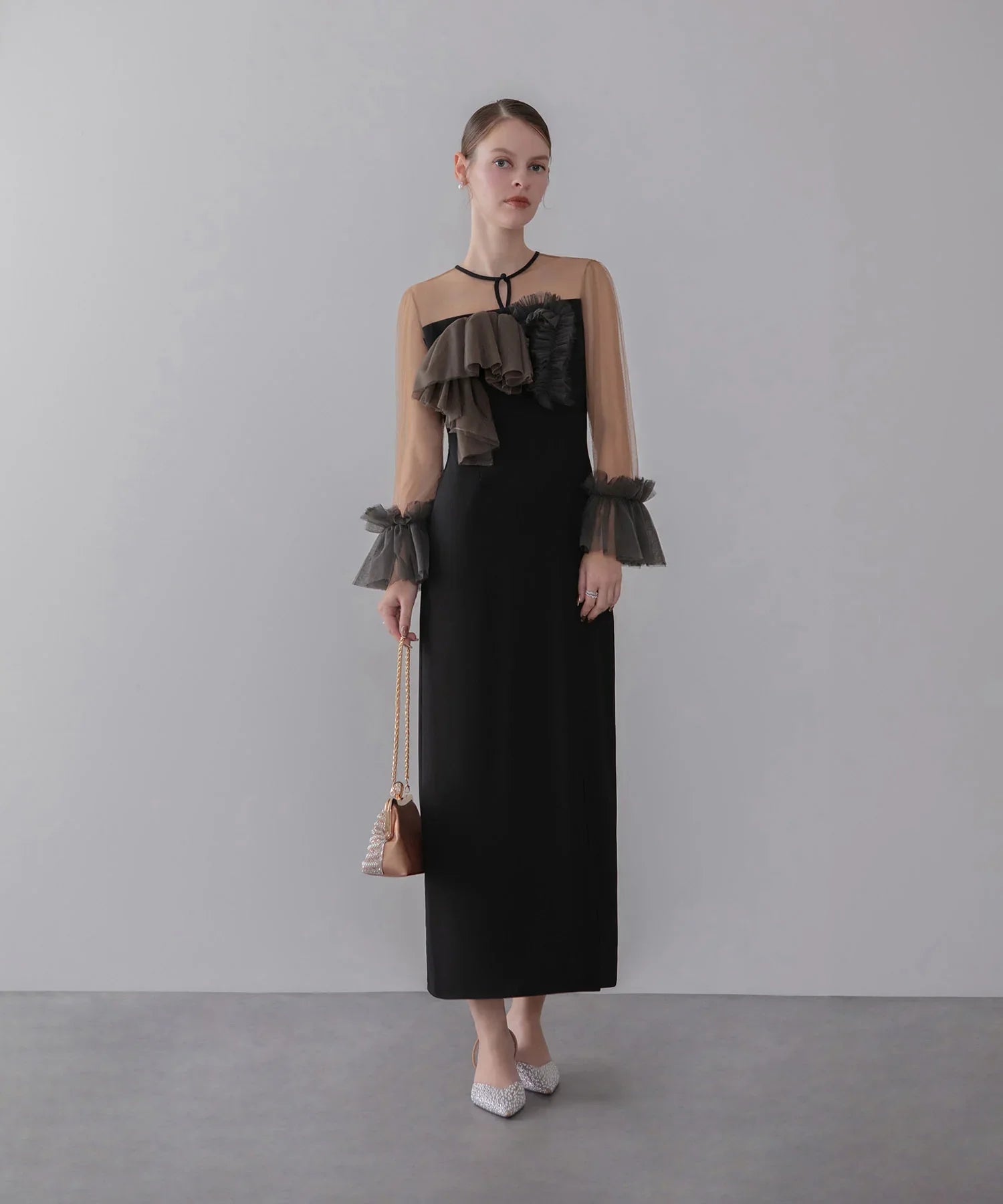 【当日発送】チュールフリルスリーブIラインワンピースドレス