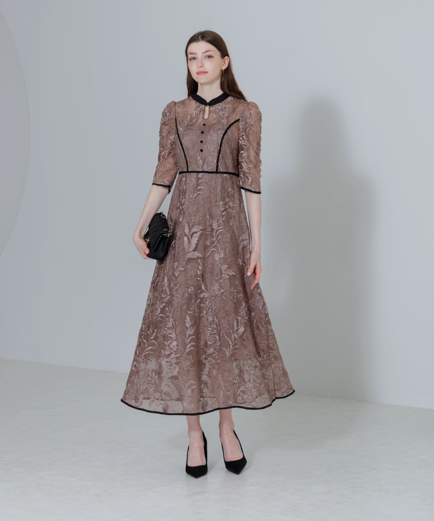 【当日発送】花柄チュールパフスリーブワンピースドレス