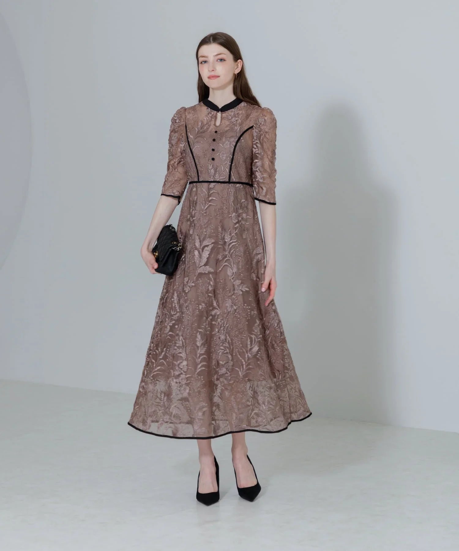 【当日発送】花柄チュールパフスリーブワンピースドレス