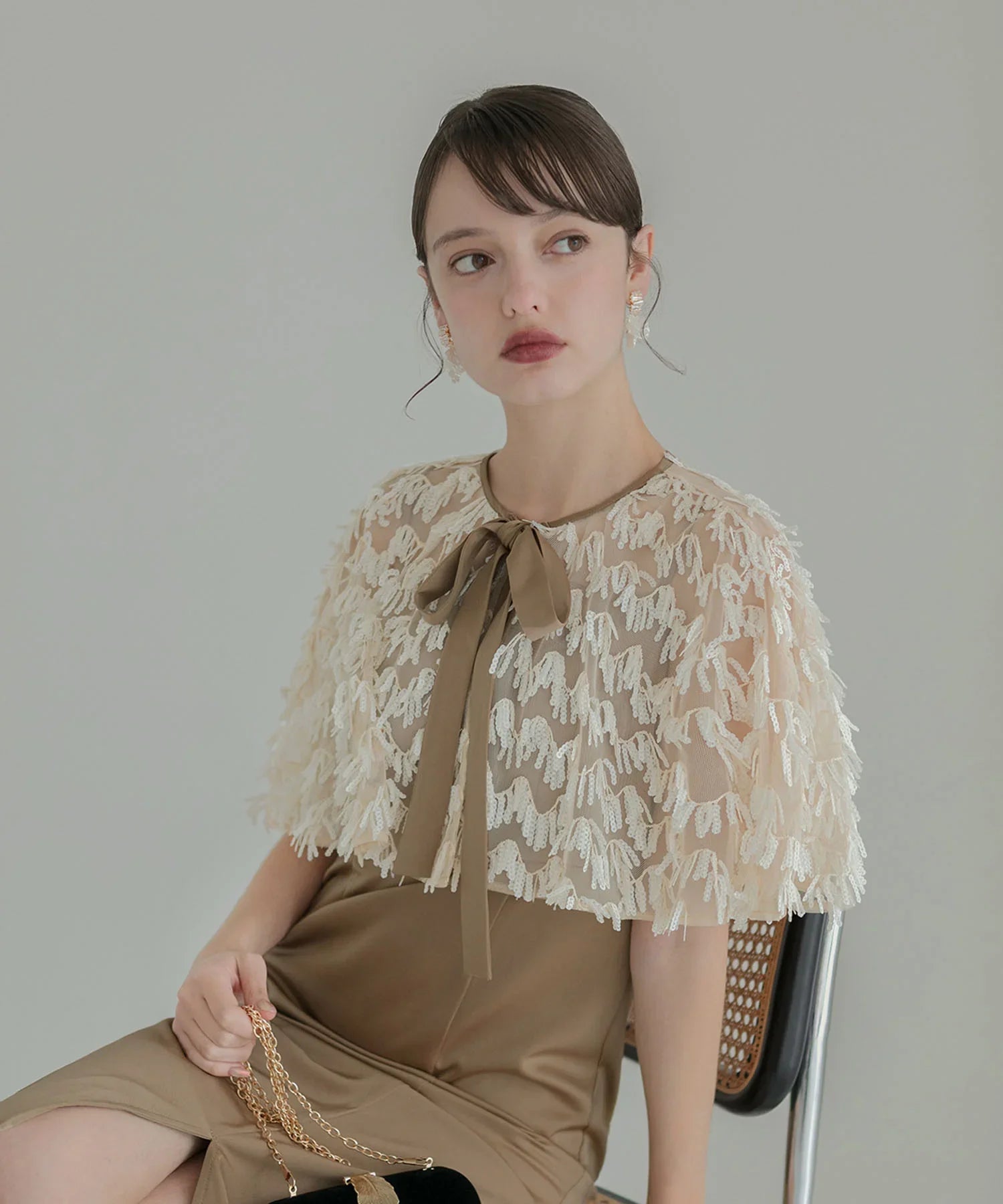 【当日発送】スパンコールフリンジケープ Iラインワンピースドレス