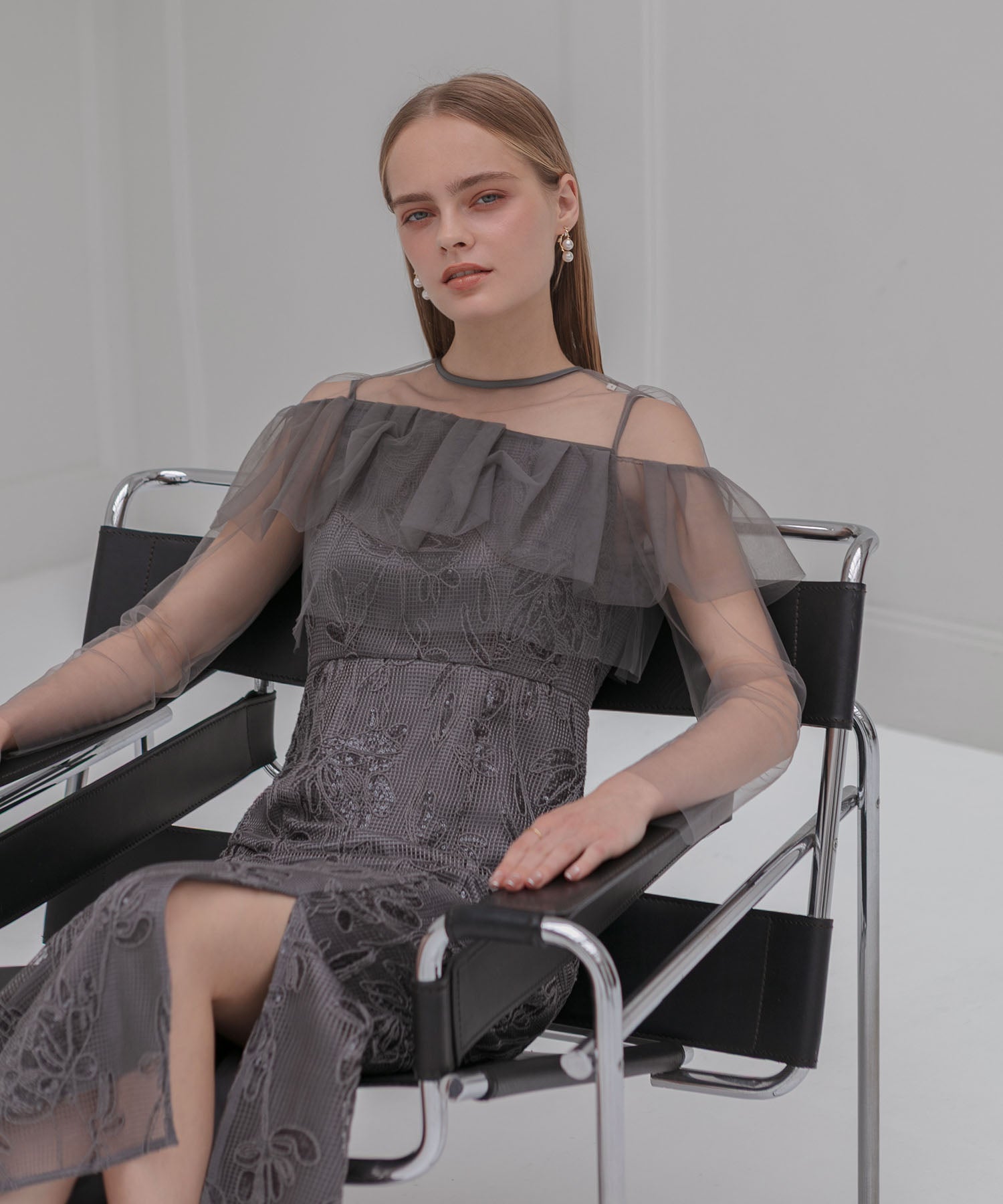 【当日発送】2WAYアシンメトリーフリルチュールフラワーIラインワンピースドレス