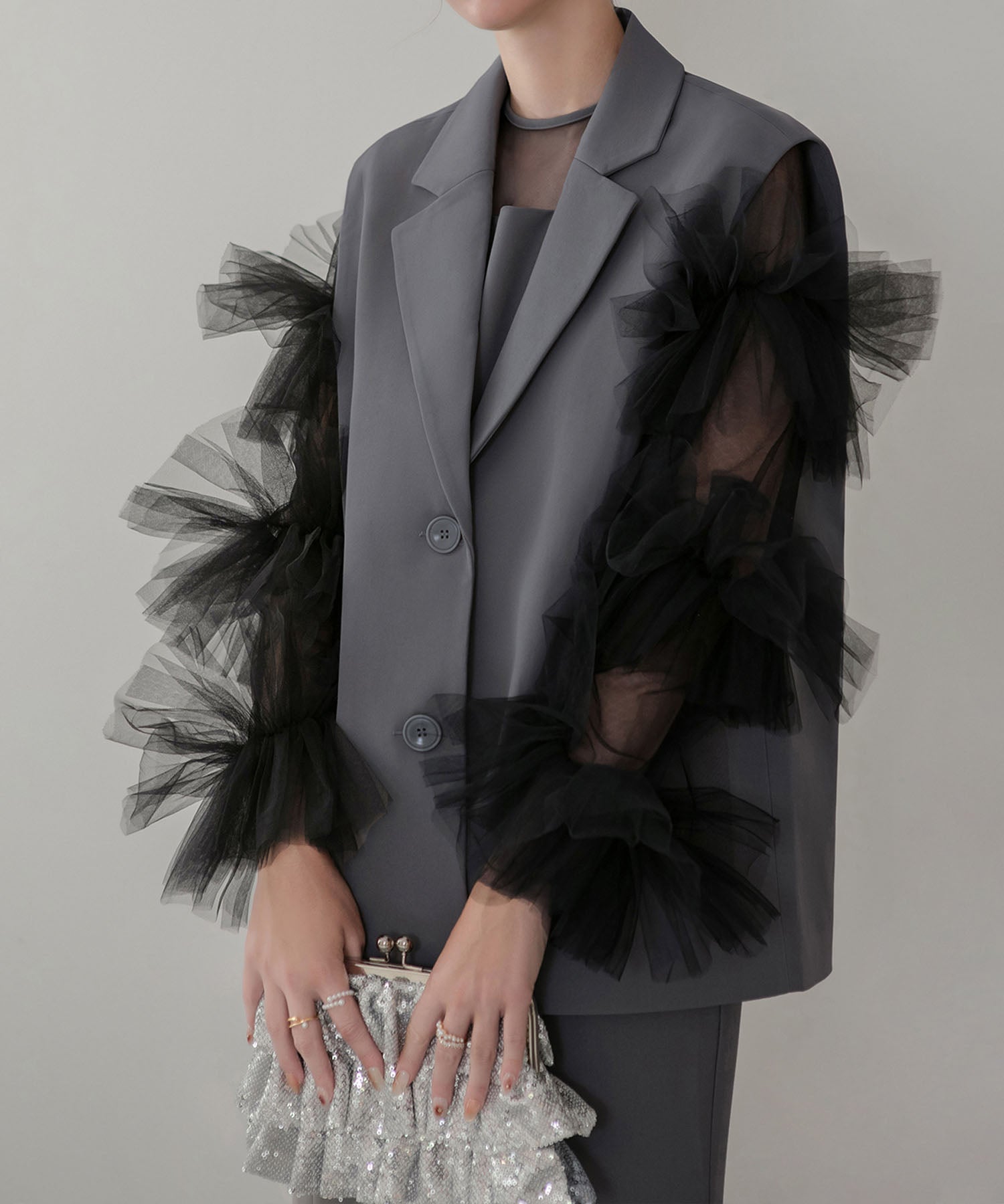 【当日発送】ボリュームチュールスリーブベストセットアップドレス