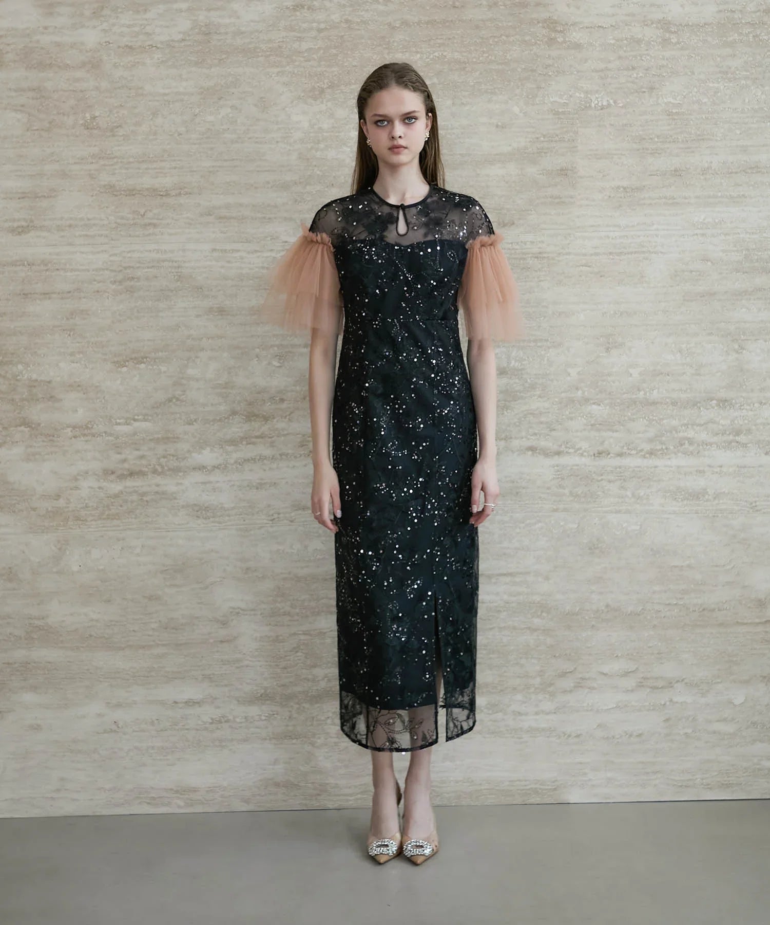 【当日発送】フラワースパンコールチュールスリーブIラインドレス