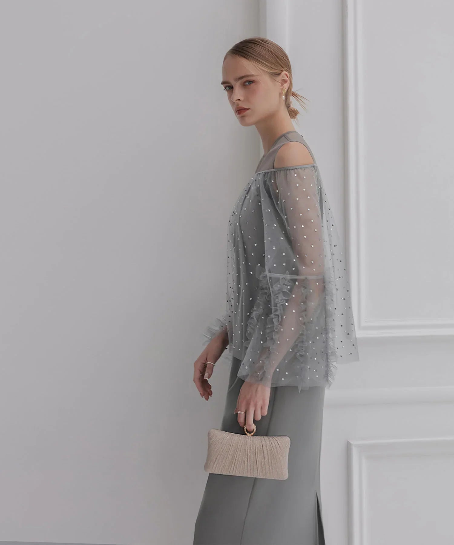 【当日発送】ドットストーンオフショルIラインワンピースドレス