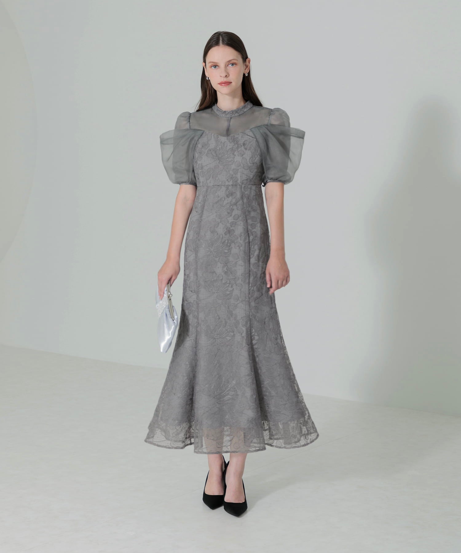 【当日発送】オーガンジードレープパフスリーブマーメイドワンピースドレス