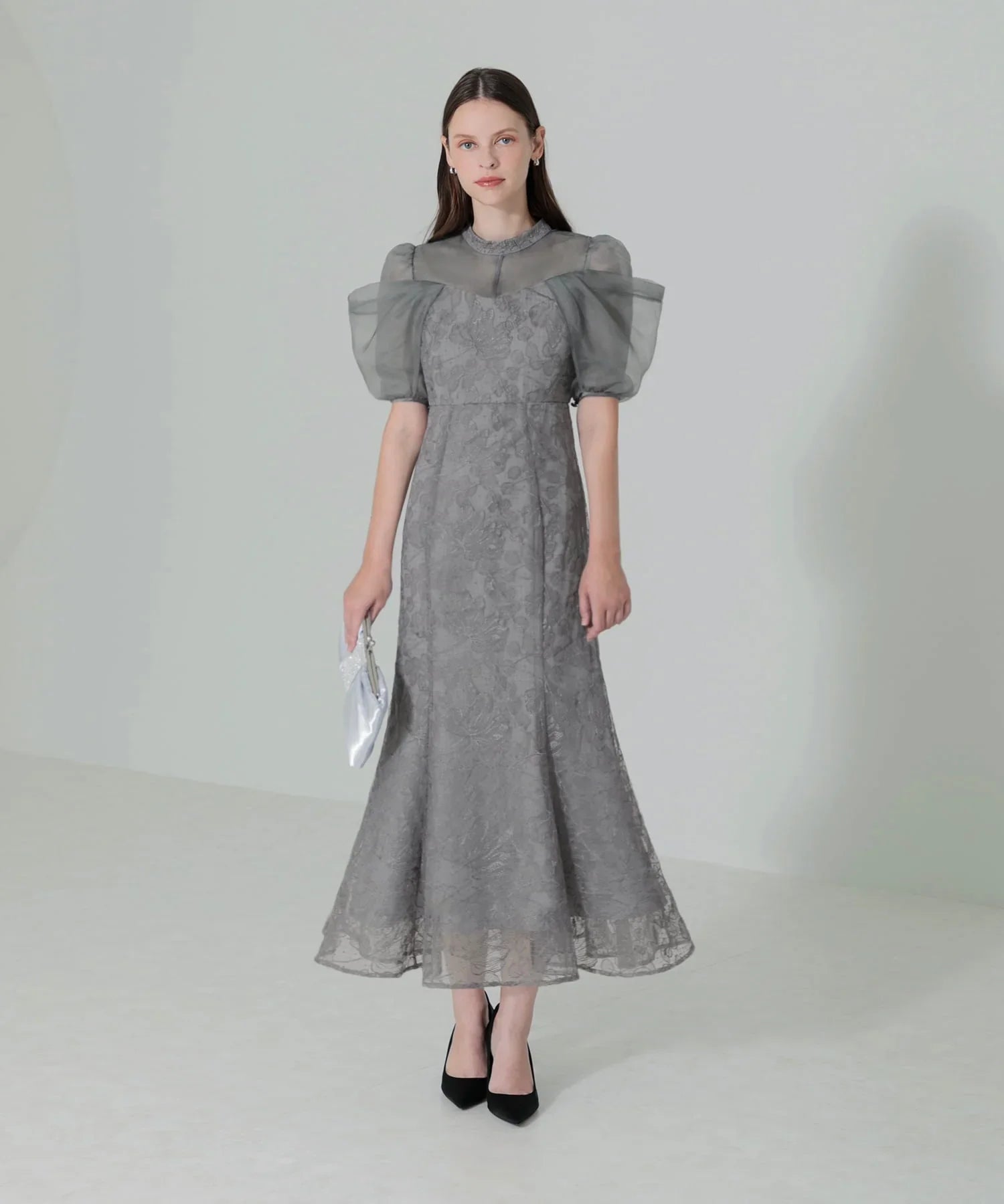 【当日発送】オーガンジードレープパフスリーブマーメイドワンピースドレス