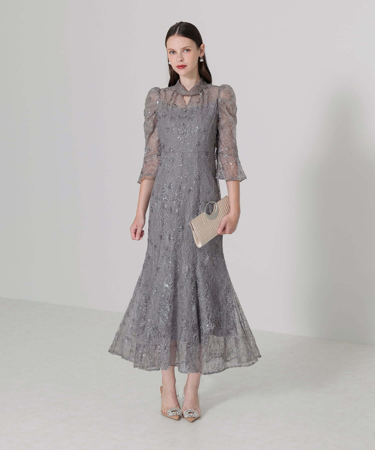 【一部当日発送】スパンコール花柄パフスリーブマーメイドワンピースドレス