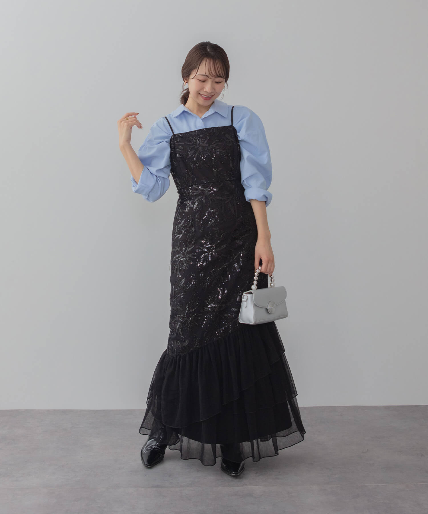 【予約販売】フラワースパンコールチュールフリルスリーブIラインワンピースドレス