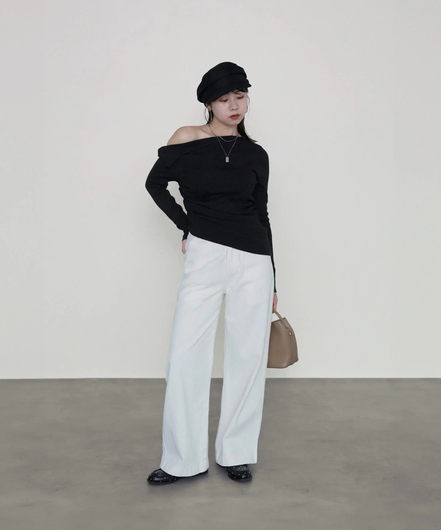 【当日発送】アシンメトリーギャザーワンショルダーニットトップス