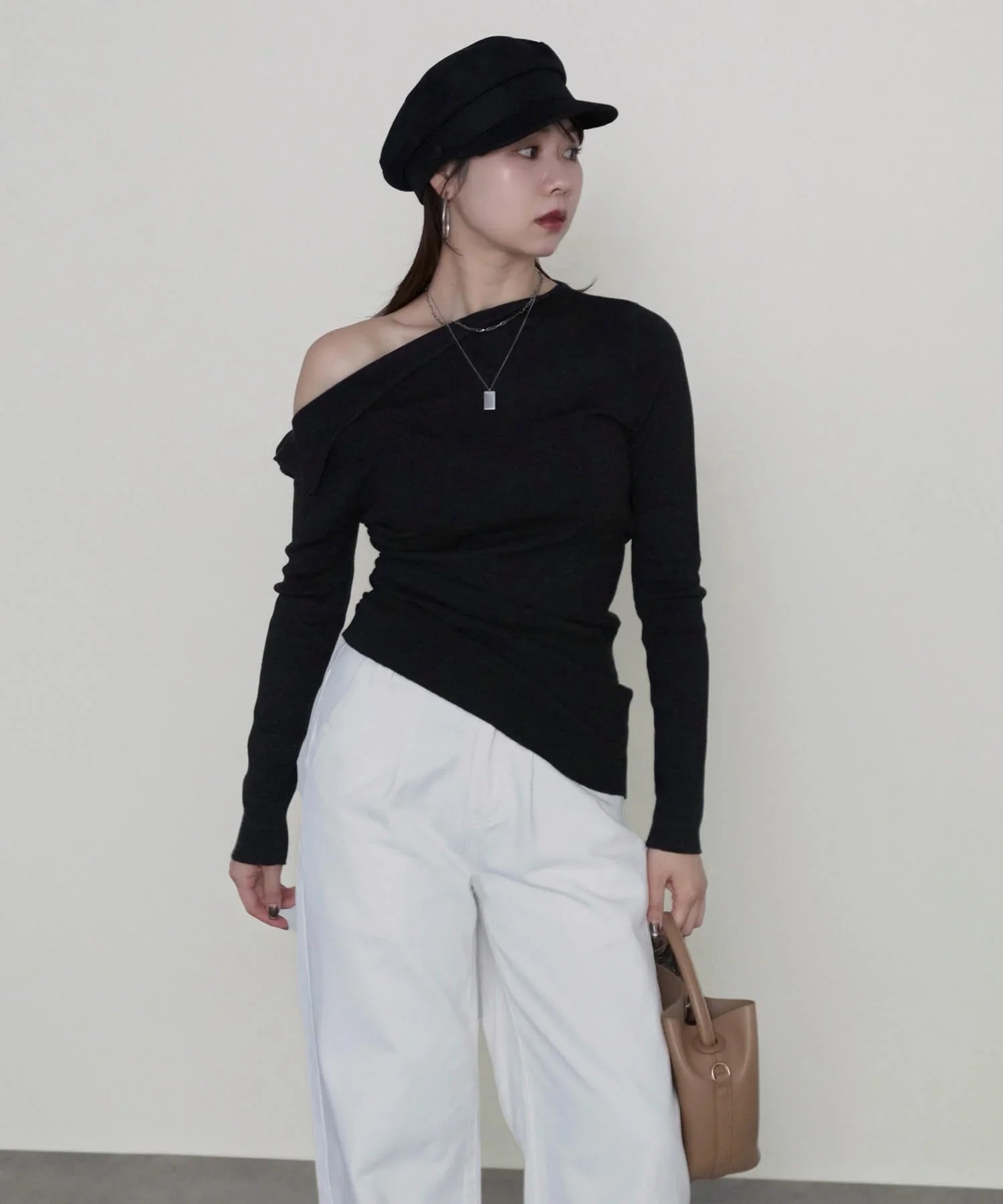 【当日発送】アシンメトリーギャザーワンショルダーニットトップス