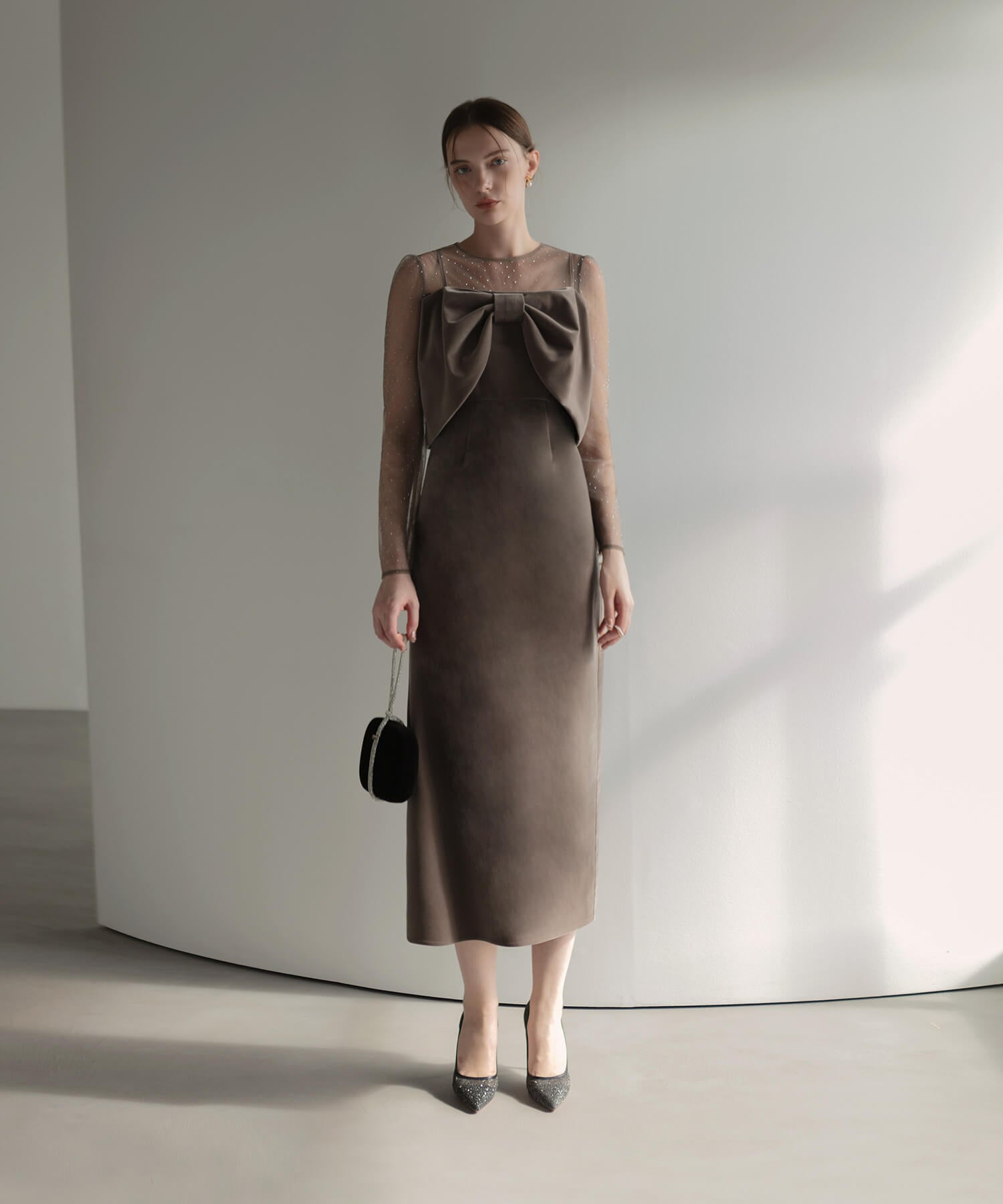 【当日発送】2WAYリボンビスチェドットストーンベロアワンピースドレス