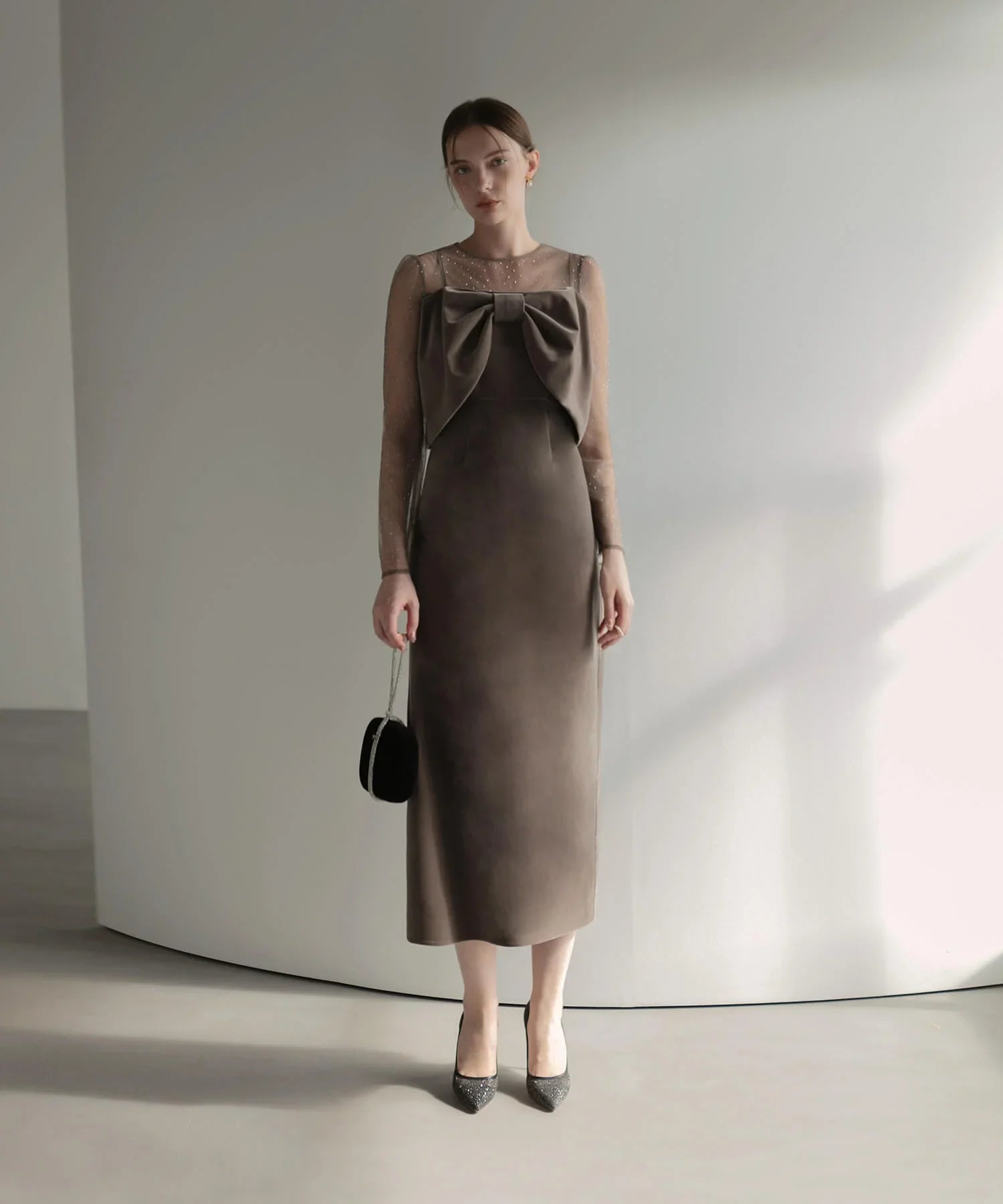 【当日発送】2WAYリボンビスチェドットストーンベロアワンピースドレス