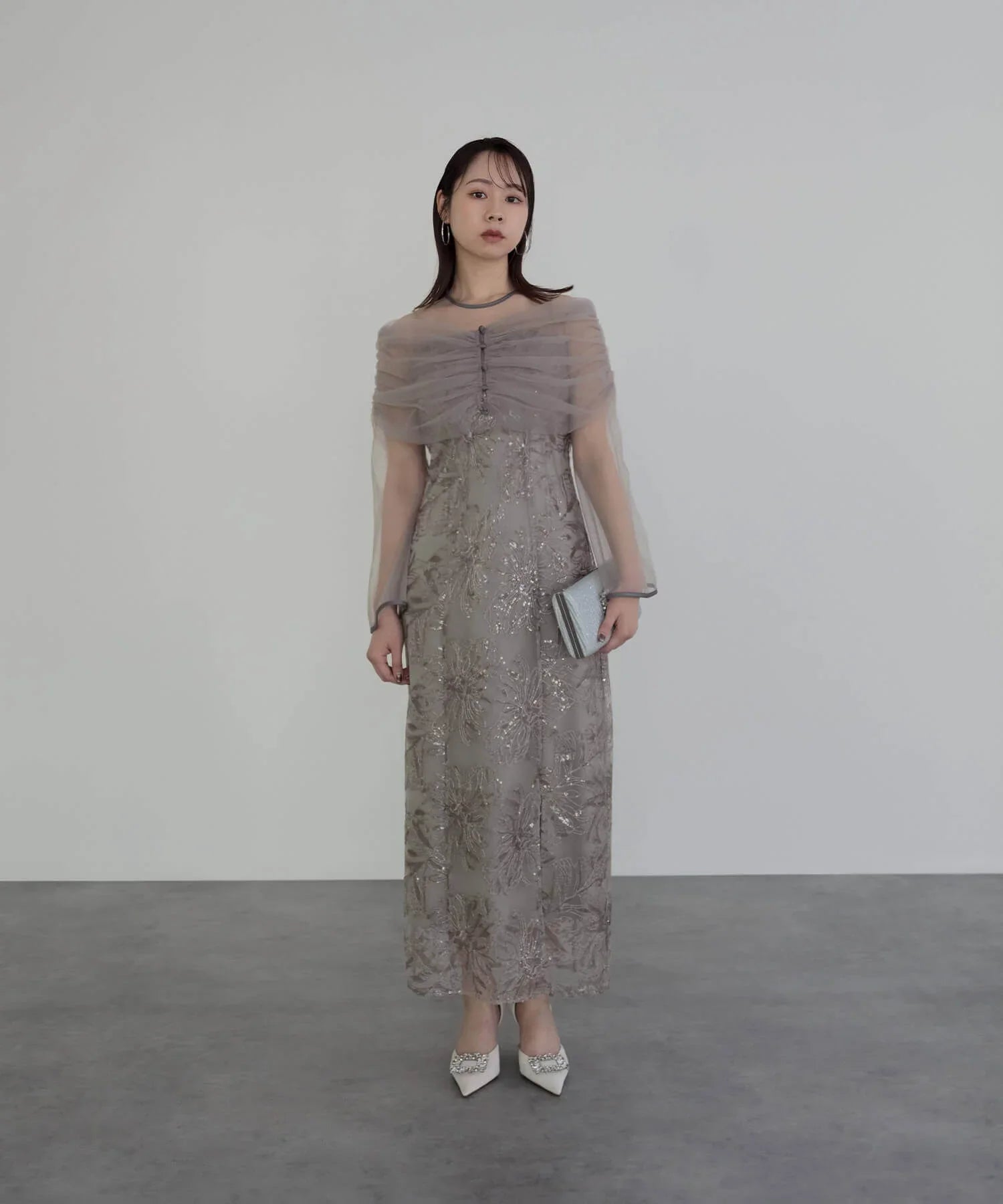 【当日発送】チュールオフショルダー花柄Iラインワンピースドレス