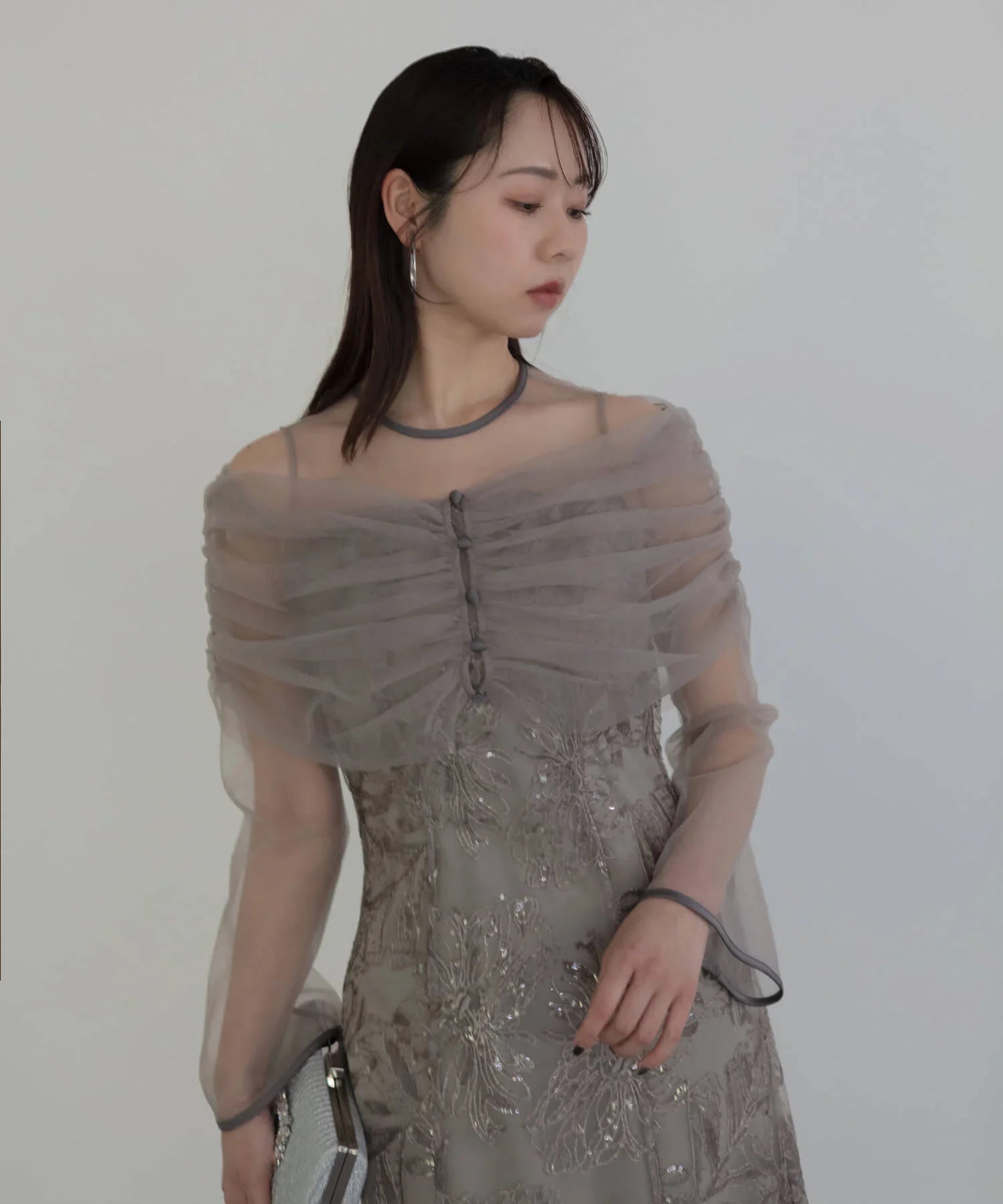 【当日発送】チュールオフショルダー花柄Iラインワンピースドレス