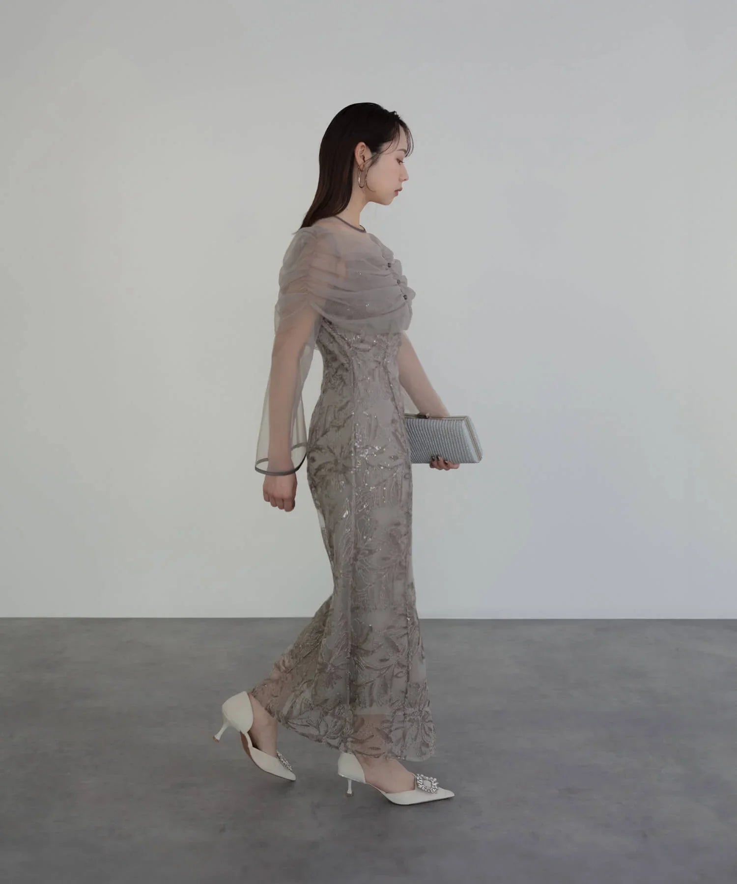 【当日発送】チュールオフショルダー花柄Iラインワンピースドレス