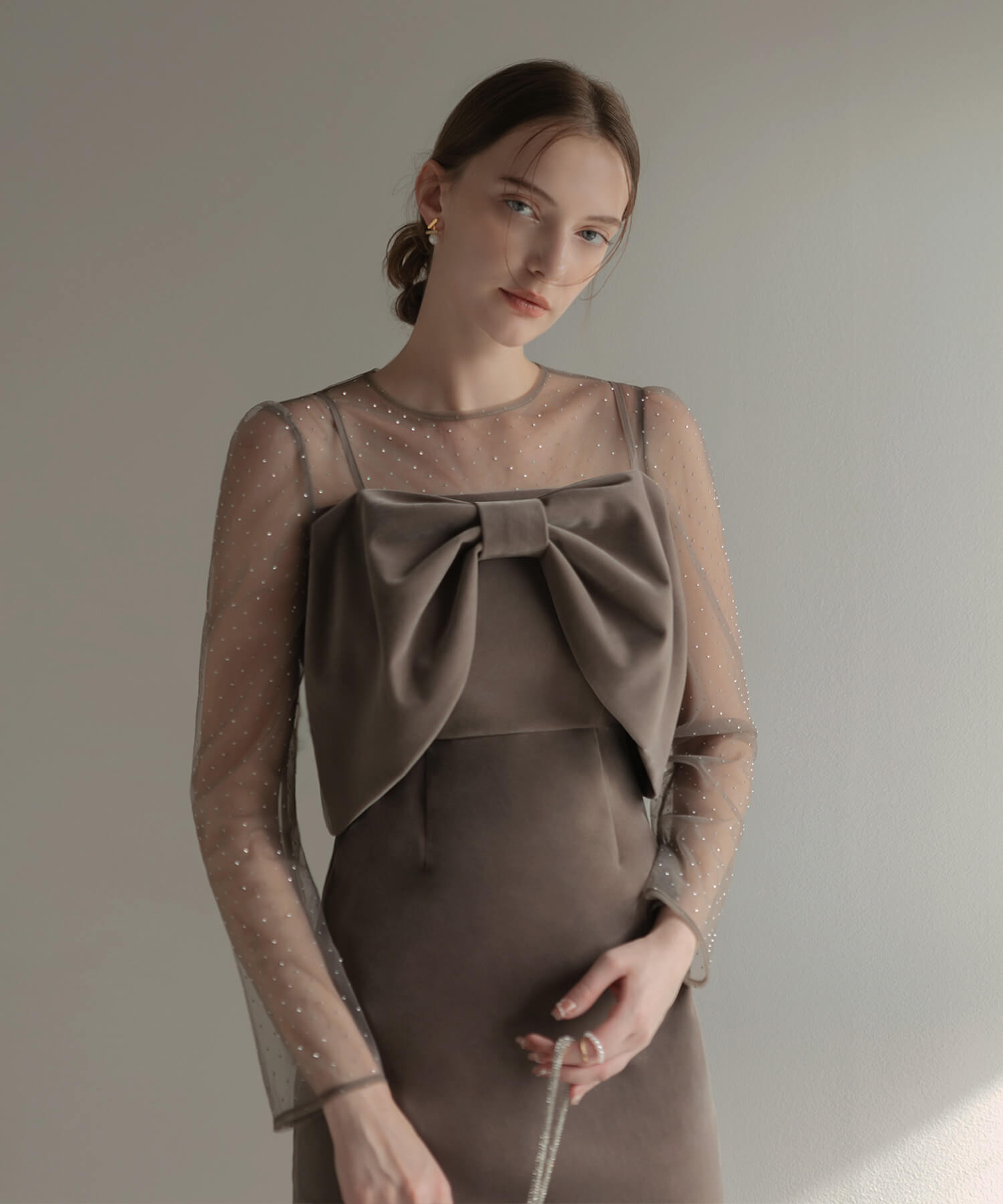 【当日発送】2WAYリボンビスチェドットストーンベロアワンピースドレス