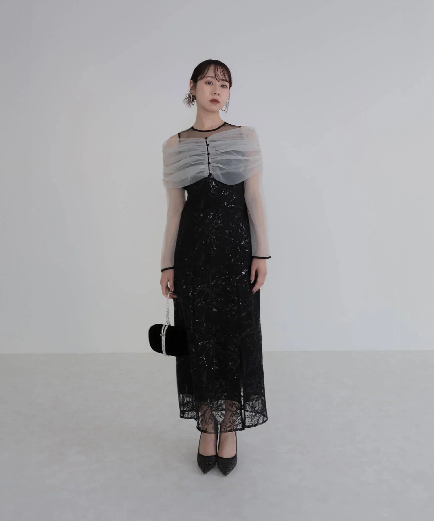 【当日発送】チュールオフショルダー花柄Iラインワンピースドレス