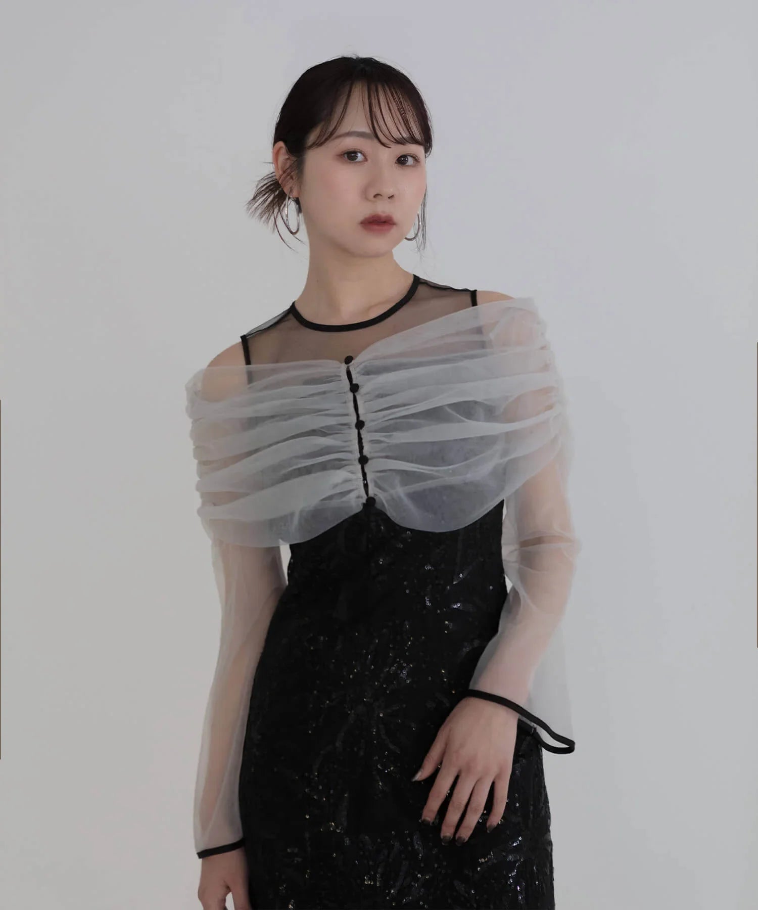 【当日発送】チュールオフショルダー花柄Iラインワンピースドレス