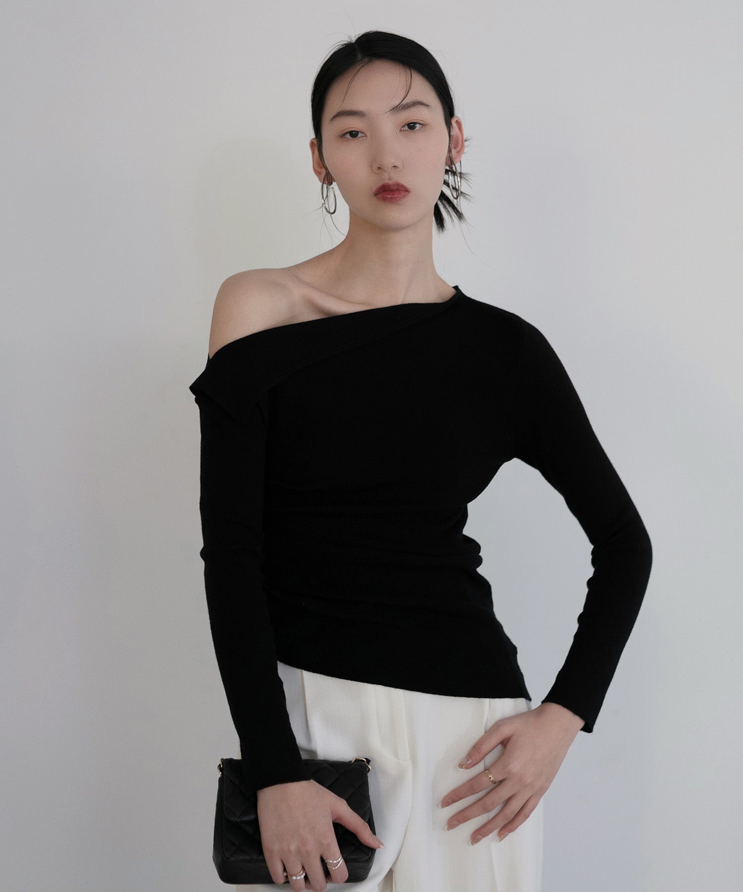 【当日発送】アシンメトリーギャザーワンショルダーニットトップス