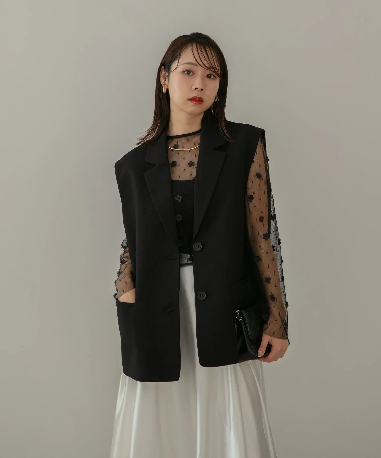 【当日発送】ボリュームチュールスリーブベストセットアップドレス