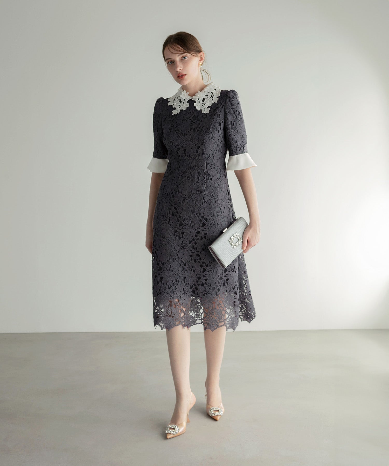 【当日発送】花柄レースカラースパンコールAラインワンピースドレス