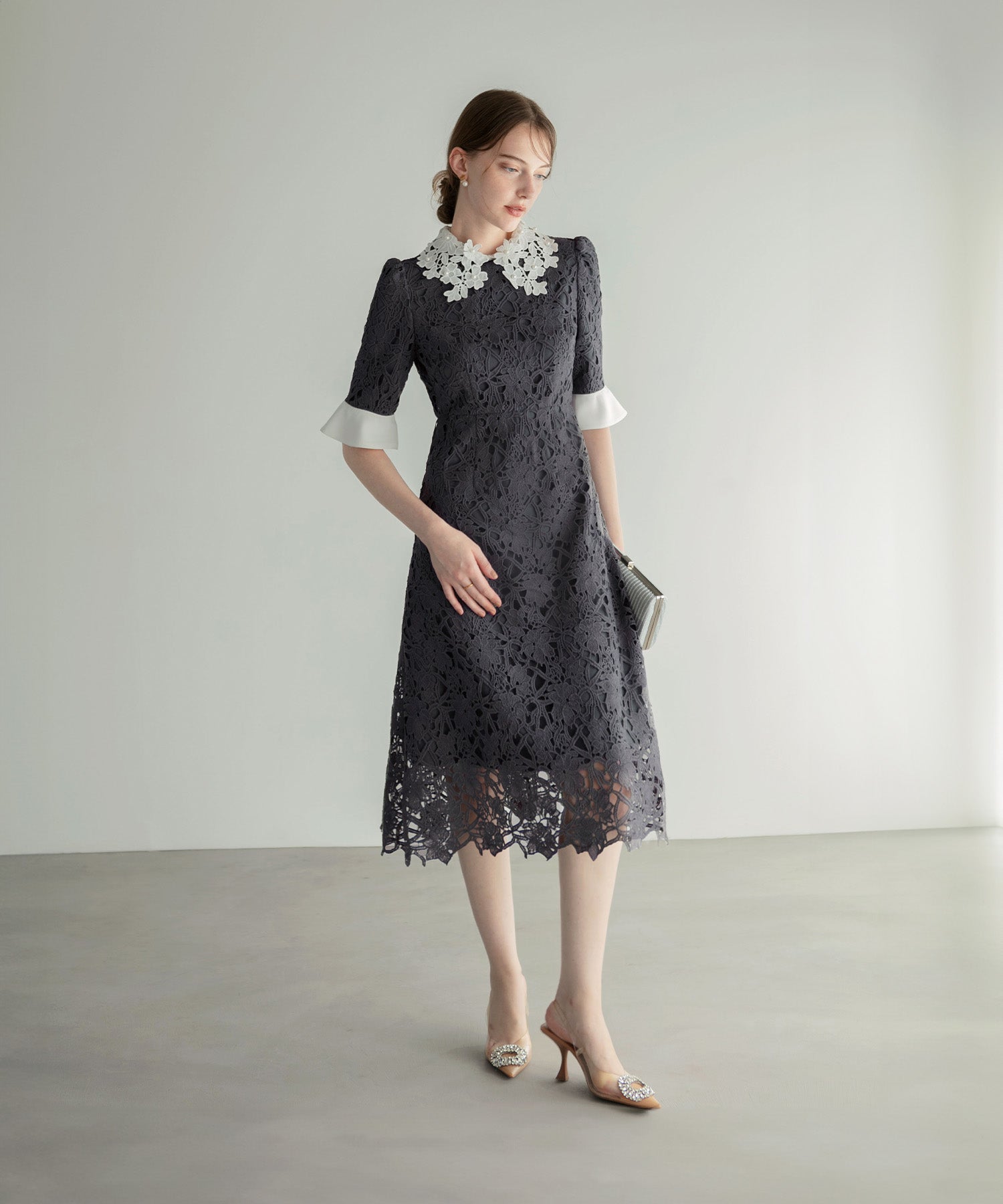 【当日発送】花柄レースカラースパンコールAラインワンピースドレス