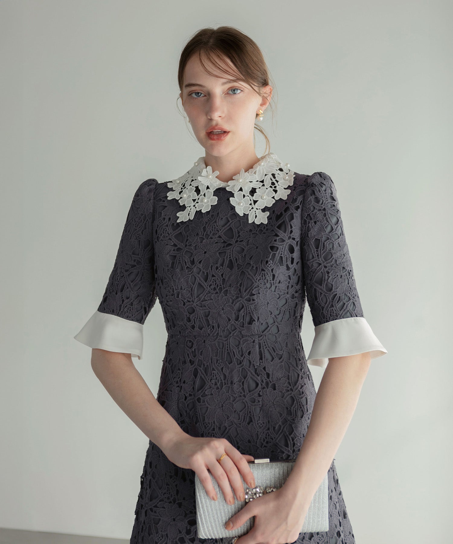 【当日発送】花柄レースカラースパンコールAラインワンピースドレス