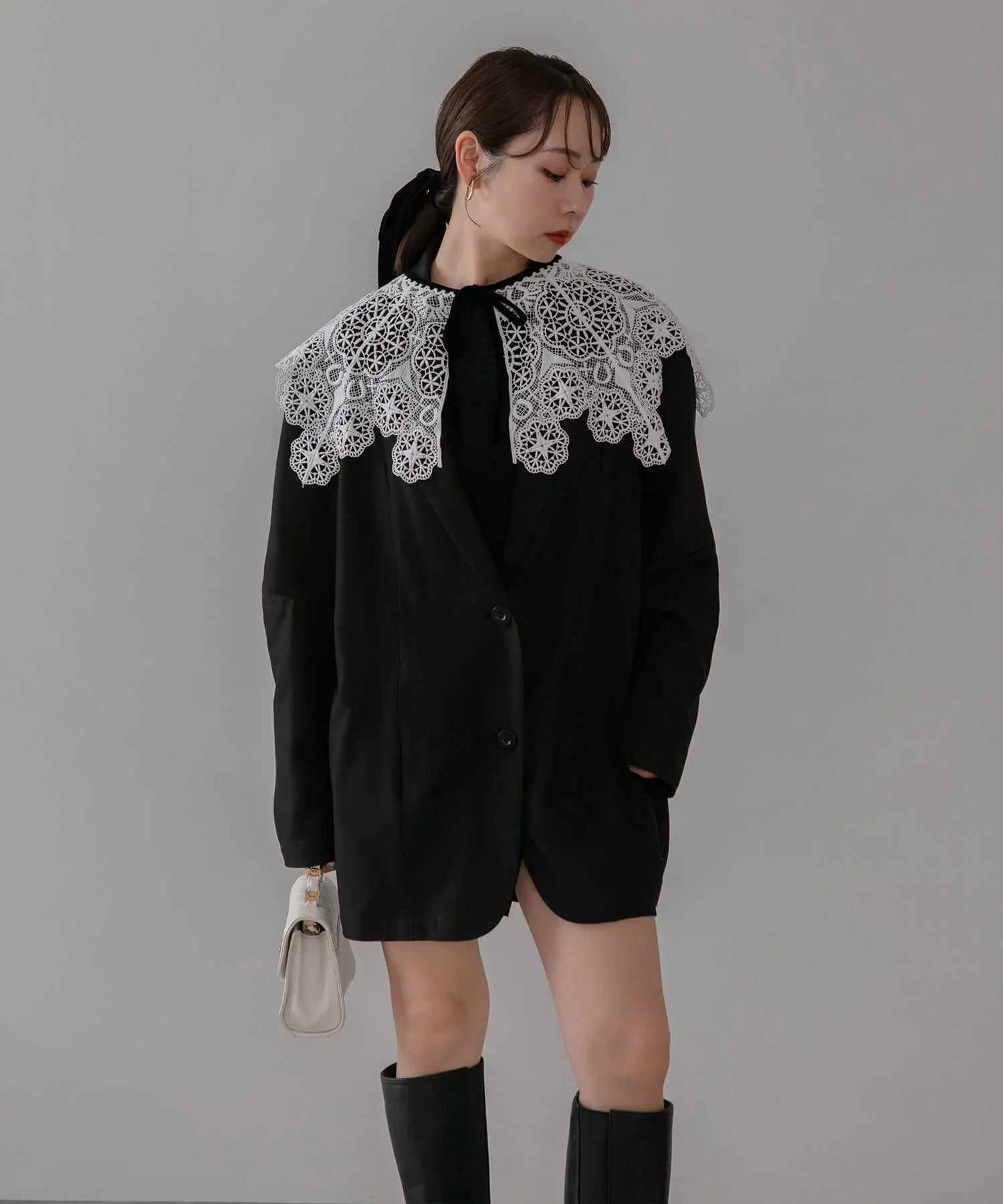 【当日発送】レースカラーベロアIラインワンピースドレス