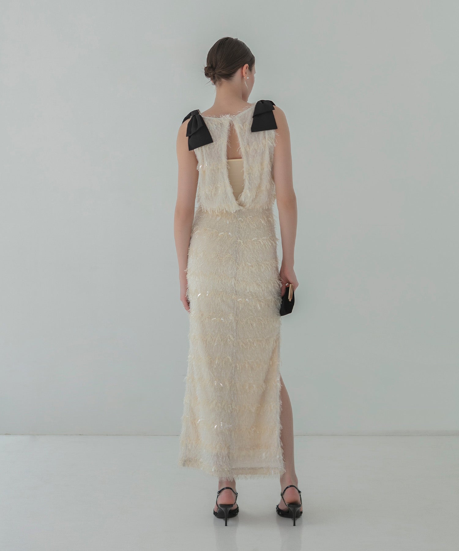 【LEJA LUXE】Shaggy shoulder ribbon sequin I-line dress