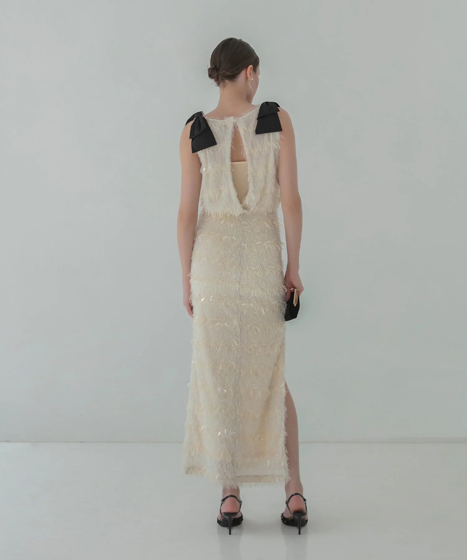 【LEJA LUXE】シャギーショルダーリボンスパンコールIラインドレス