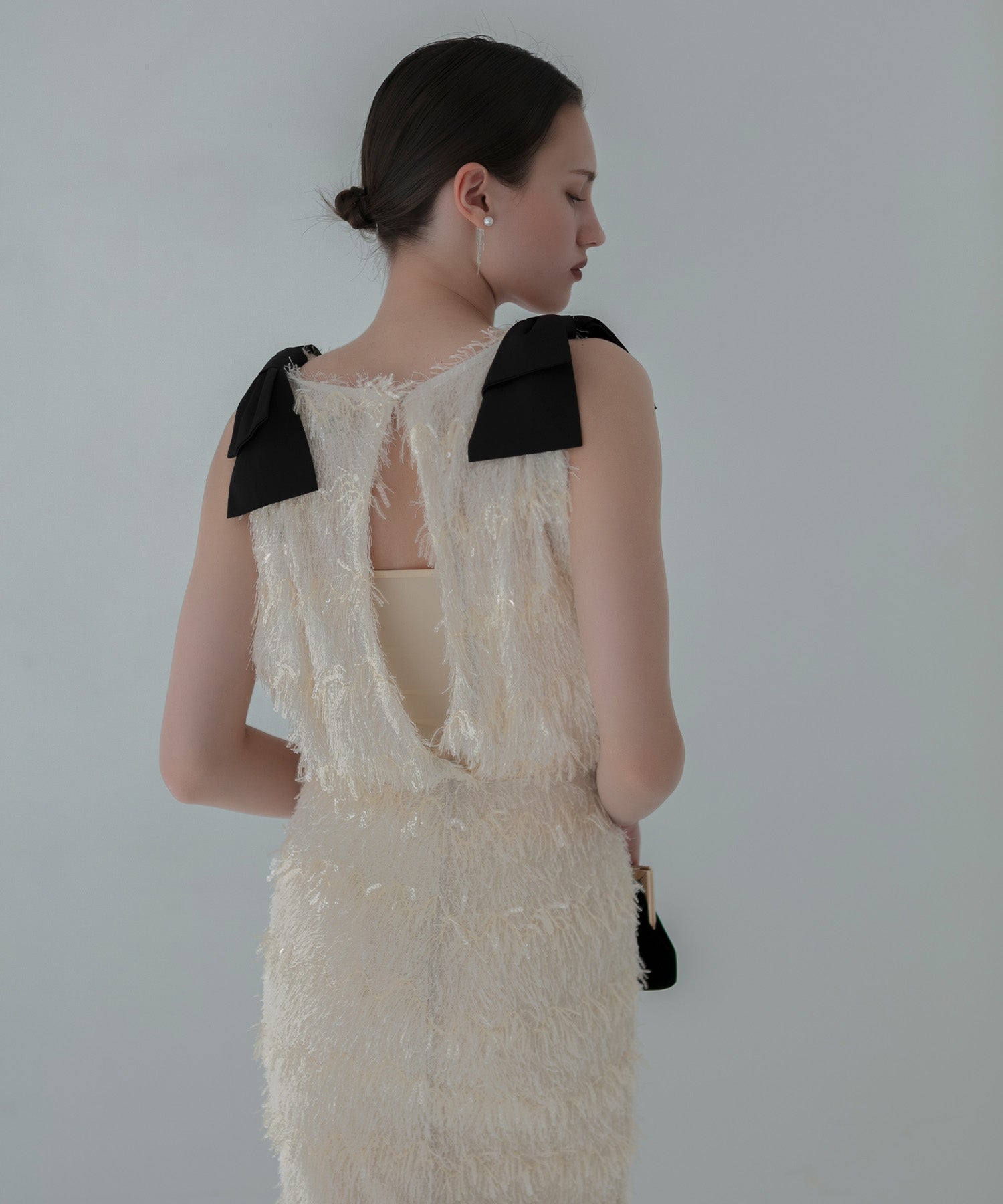 【LEJA LUXE】Shaggy shoulder ribbon sequin I-line dress