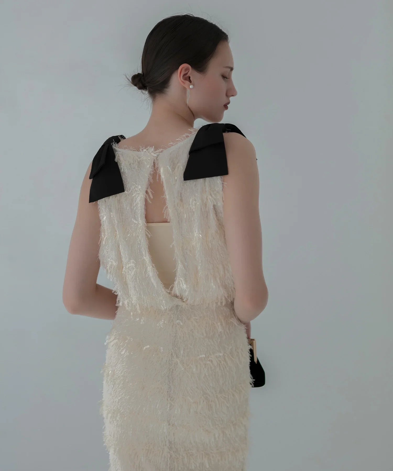 【LEJA LUXE】シャギーショルダーリボンスパンコールIラインドレス