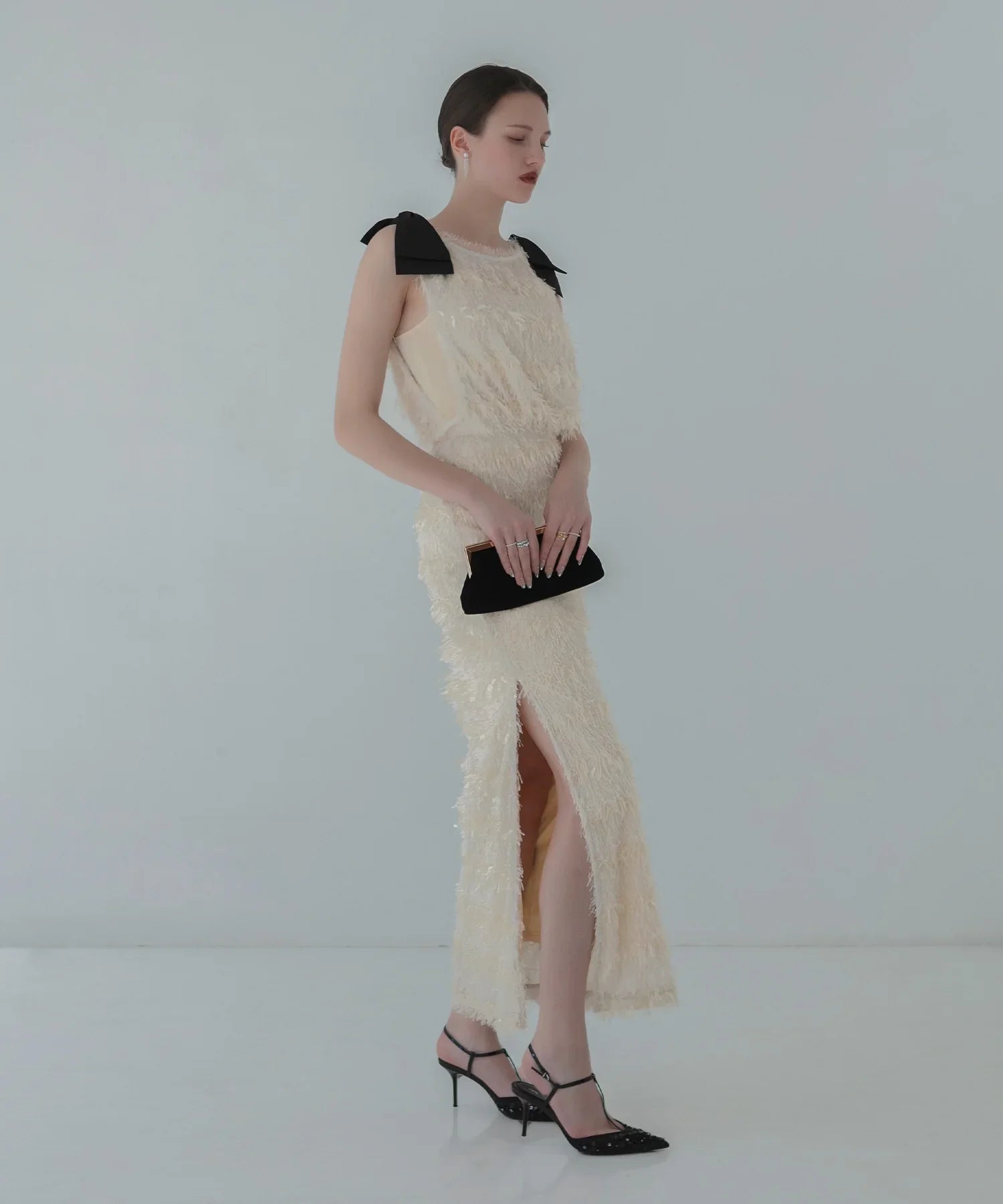 【LEJA LUXE】シャギーショルダーリボンスパンコールIラインドレス