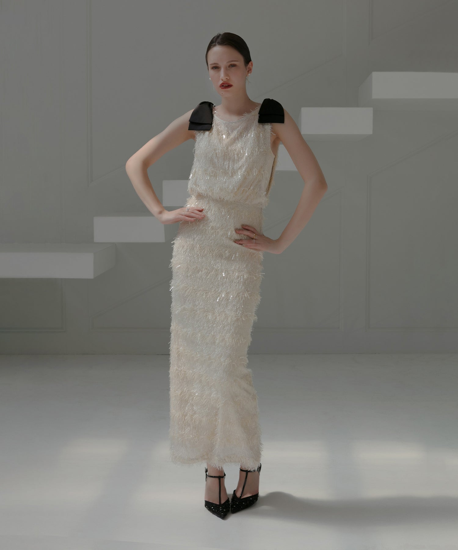 【LEJA LUXE】Shaggy shoulder ribbon sequin I-line dress