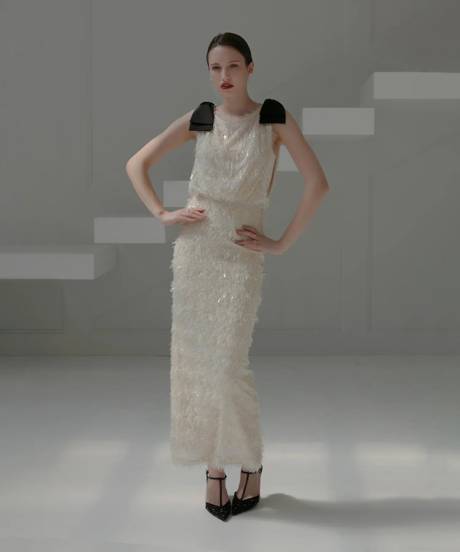 【LEJA LUXE】シャギーショルダーリボンスパンコールIラインドレス