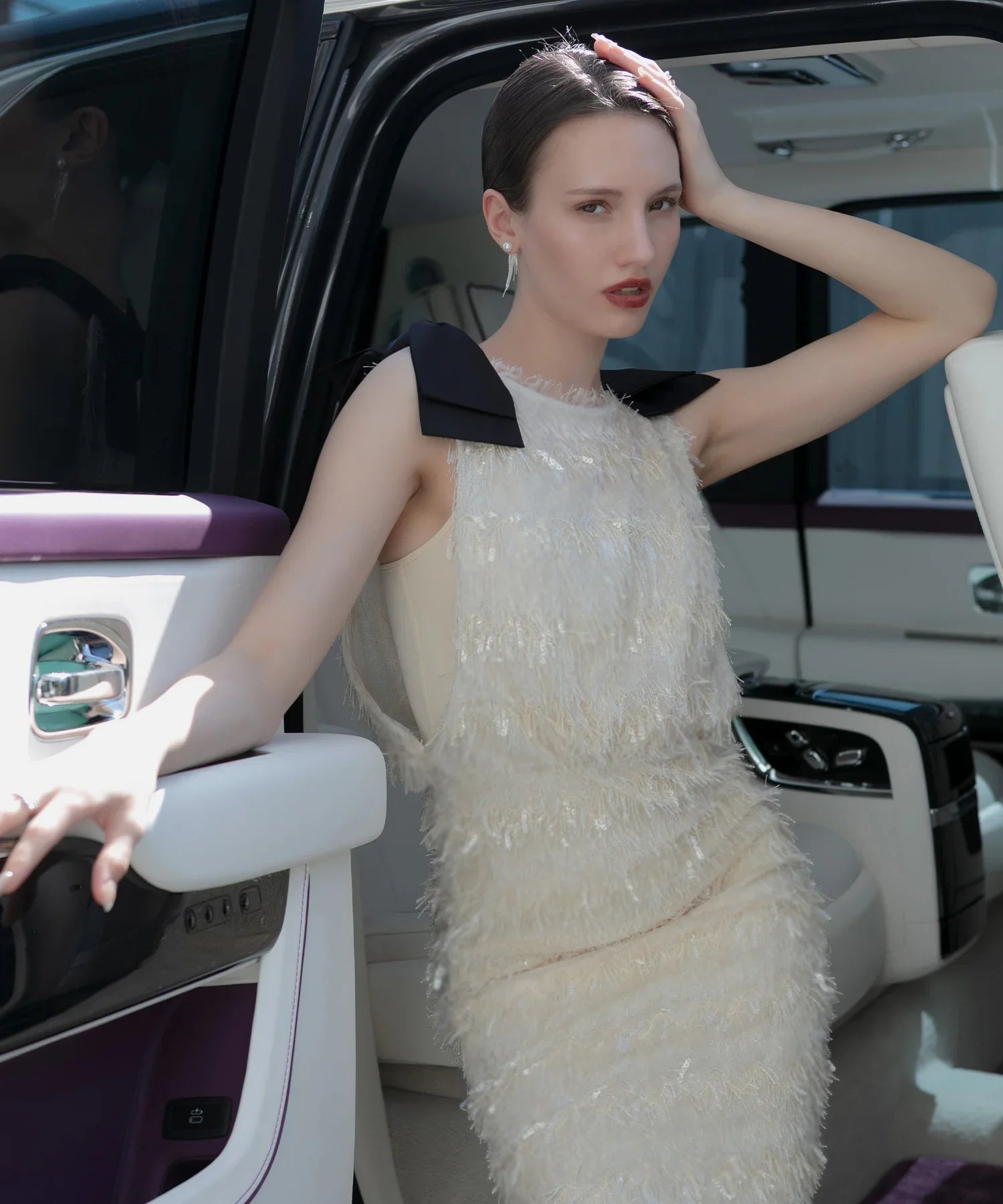 【LEJA LUXE】シャギーショルダーリボンスパンコールIラインドレス