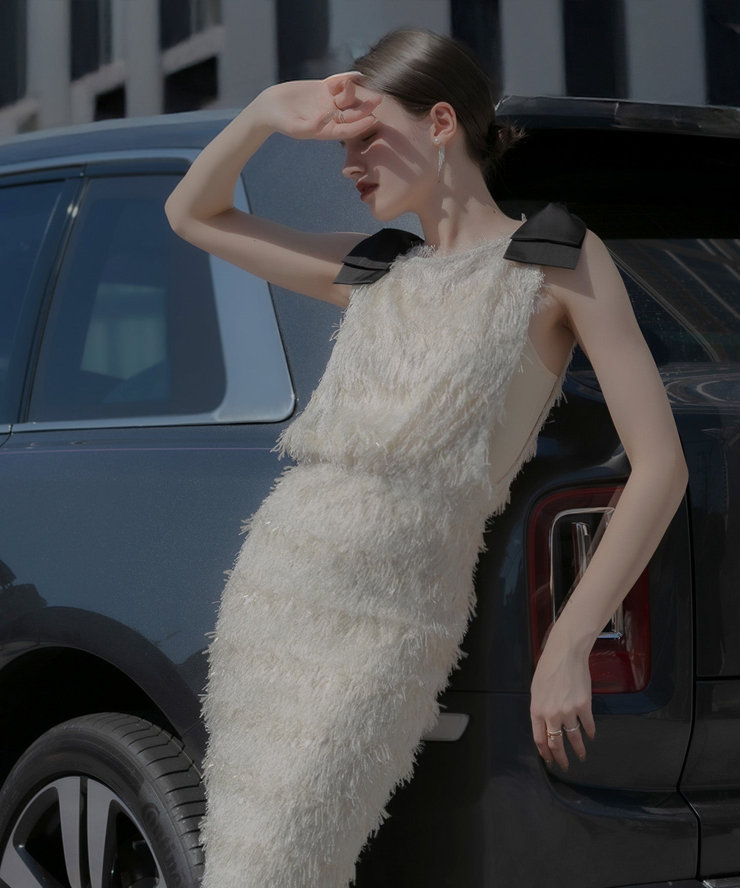 【LEJA LUXE】Shaggy shoulder ribbon sequin I-line dress