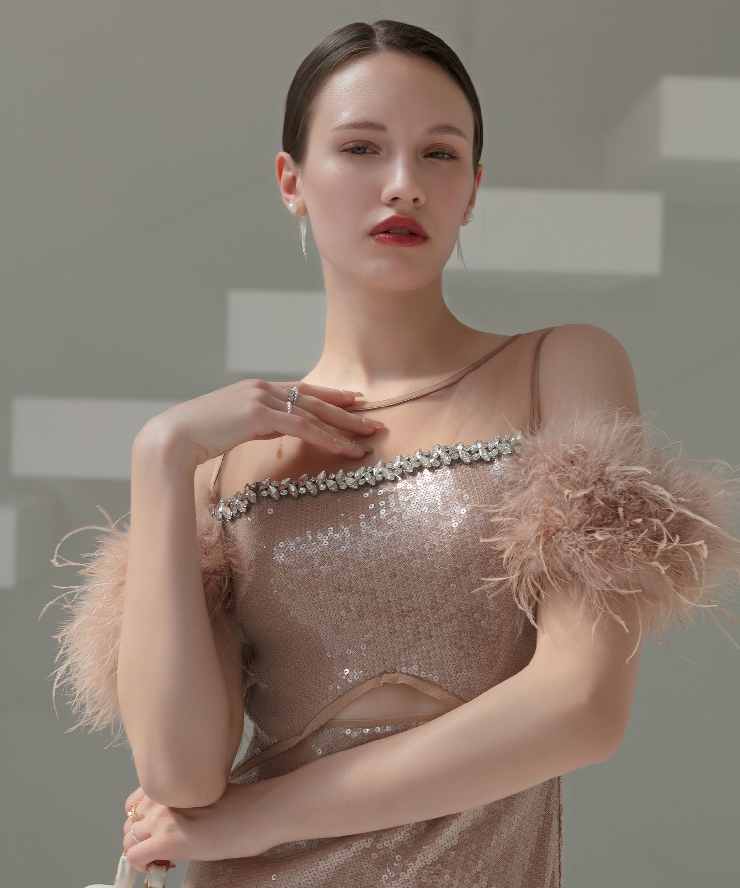 【LEJA LUXE】2WAYファースリーブスパンコールマーメイドドレス